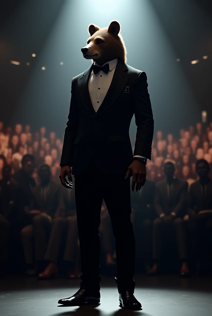 Create an image with the theme of a lion-bodied human, a grandiose ((crane man)). The lion's head is fierce and imposing, adorned with visible fangs, sharp blue eyes gleaming with intensity. Its thick, albino fur mane adds a regal touch, cascading down the muscular human torso. The human body is dressed in a tailored suit jacket, gray pants, and a black-colored shirt, perfectly fitting the powerful form. The lion-bodied human poses confidently with folded hands, a sheer display of strength and grace. The background is dark and grayish, adding to the grandeur and mystery of