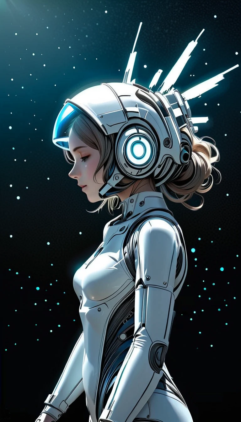 (Ashley Wood (Ashley Wood) style of:1.2),(Nick Vesey (Nick Veasey) style of:0.6),
Chemiluminescence,1 Girl,(masterpiece, best quality, intricate, detailed, ornate, vibrant colors),,, (starry sky:1.3), upper body, long hair 1girl mechanical body, Science fiction box, 1 girl, simple background, standing, (satelite view:1.2), sunlight,dazzling,
