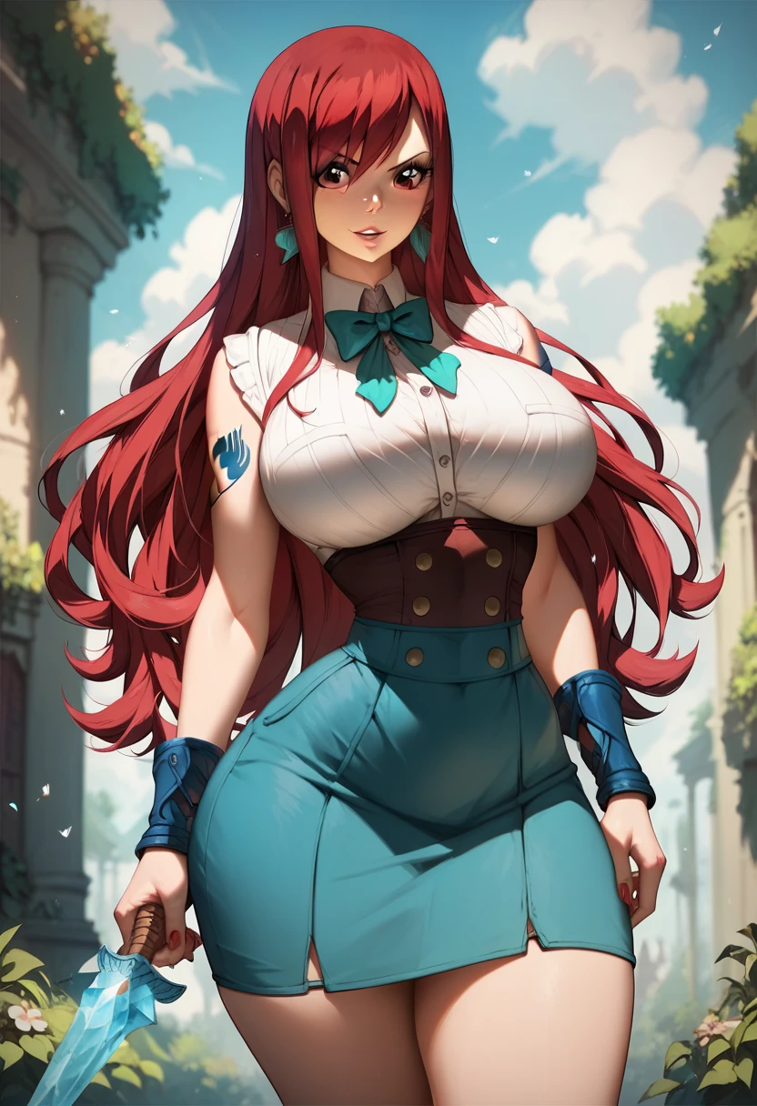 Erza Scarlet (fairy tail) 

Body: Slim waist, narrow waist, shapely waist, big thighs, perfect eyes, good attributes, huge breasts, big butt. 

Clothes: 