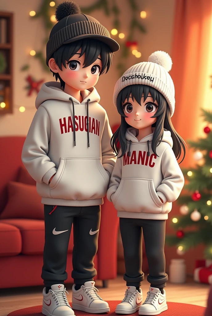 3D anime style medium photo of a couple dressed casually in mixed white hoodies and black pants with white Nike shoes. The girl's hoodie has been around for a long time

black hair with the name "HASUGIAN" in bold and striking red font. The boy's hoodie says "MANIC" in charming writing. They both wore white and black hats embroidered with their names "mother and daughter. Both of them had Black eyes and dazzling black hair. The festive backdrop features a warm and cheerful room decorated with ornate light decorations