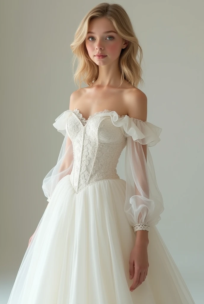Full satin cover long elegant formal wedding dress with also full satin cover on bust part with breast and spine decolte with detachable bow like long tulle sleeves for curly blonde short haired, green eyed woman.