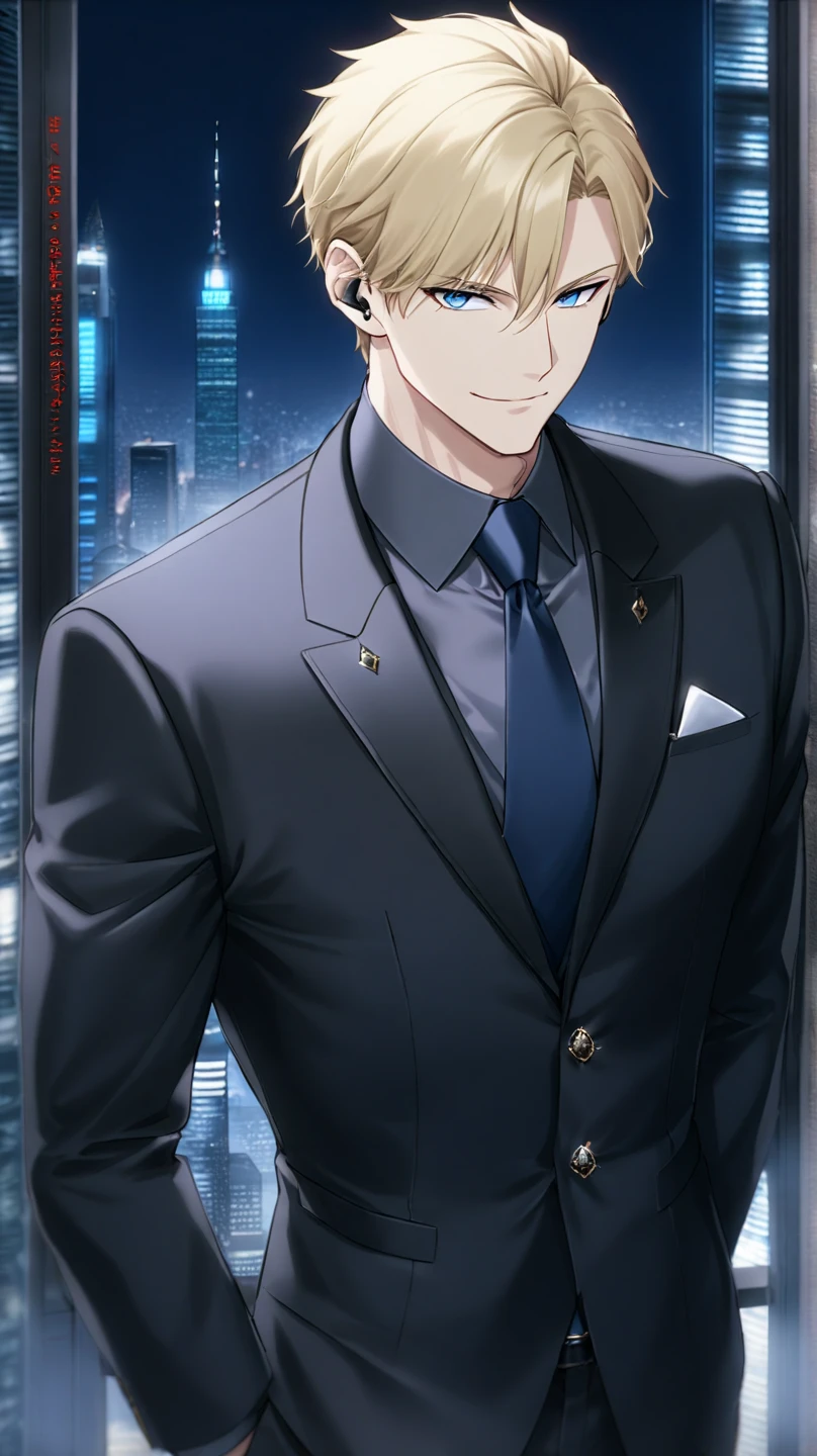 A charismatic and composed man with short, neatly styled blond hair and sharp blue eyes, wearing a tailored three-piece suit in dark tones with a sleek tie. His posture is confident and professional, exuding the aura of a skilled and refined secret agent. He is standing in an elegant, urban setting, such as a modern cityscape or a luxurious office, with subtle details that hint at his dual life as a spy, like a hidden earpiece or a discreetly held gadget. His expression is calm yet alert, with a slight smirk that suggests intelligence and quick wit.