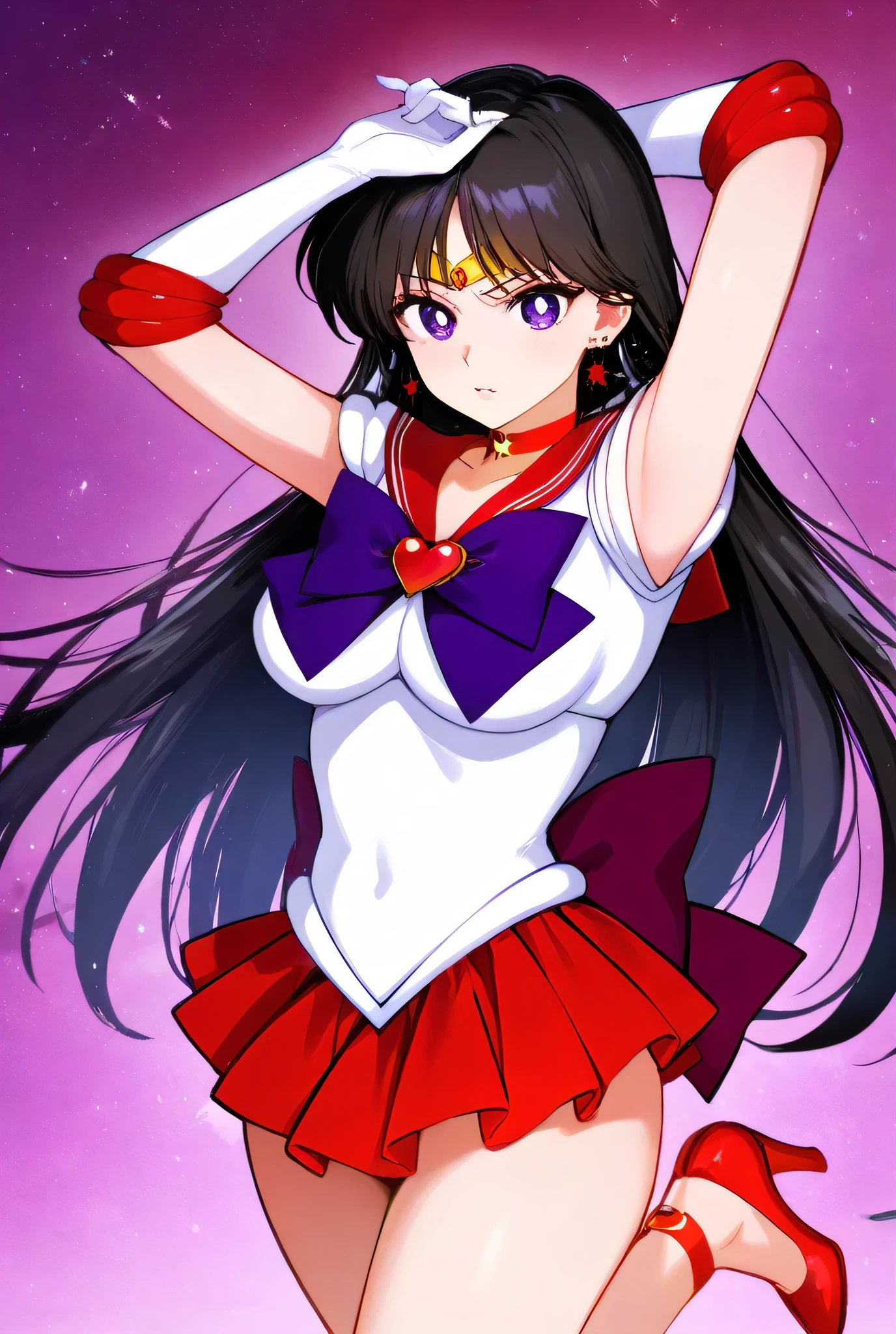 rei hino, 1girl, sailor_senshi, magical girl, black hair, long hair, parted bangs, purple eyes, large breasts, sailor senshi uniform, white gloves, red elbow gloves, microskirt, pleated skirt, red skirt, red sailor collar, red choker, star choker, red earrings, star earrings, purple bow, red brooch, heart brooch, circlet, red jewelry, (red back bow), red high_heels,