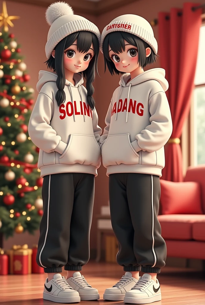 3D anime style medium photo of a couple dressed casually in mixed white hoodies and black pants with white Nike shoes. The girl's hoodie has been around for a long time

black hair with the name "SOLIN" in bold and striking red font. The boy's hoodie says "PADANG" in charming writing. They both wore white and black hats embroidered with their names "mother and daughter. Both of them had Black eyes and dazzling black hair. The festive backdrop features a warm and cheerful room decorated with ornate light decorations