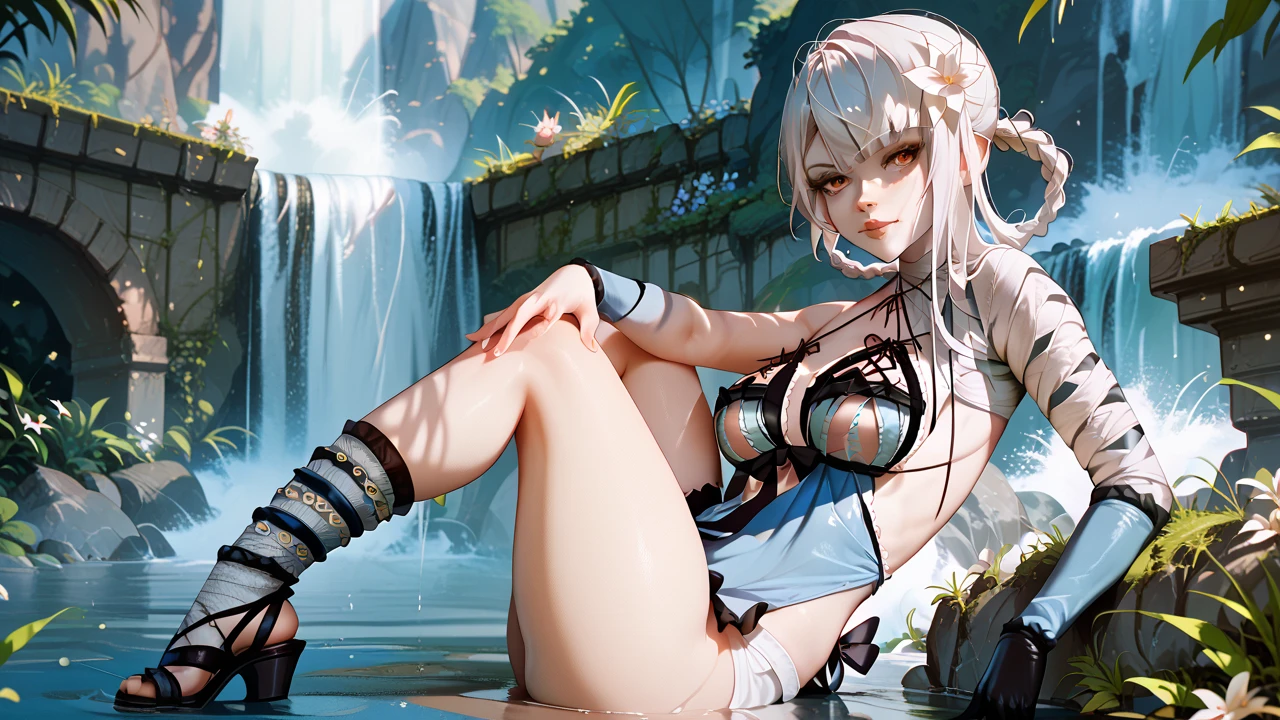   Sexy Kaine ,UHD, on a bridge,  in the background of a waterfall,  silver hair, pose sexy, sitting, one leg up,