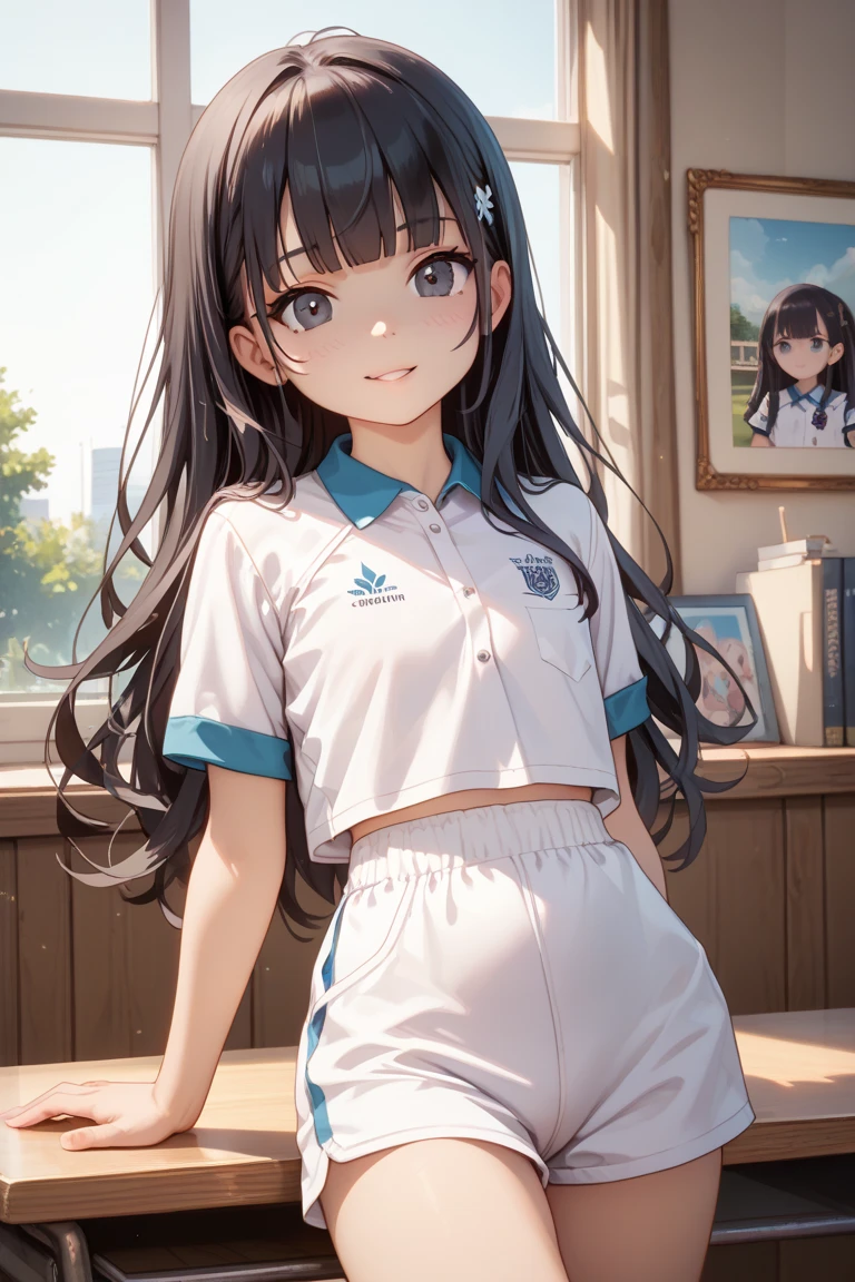 1womanl,Black hair,14years ,(()),Beautiful breasts,(((Sexy white and blue shiny gym clothes and micro skirt)))(())(((Blushing cheeks、Smile with open mouth)),(((Satin Narico))),((( portlate))),Crowds,Shiny white and blue gym clothes and microskirt,wet with sweat