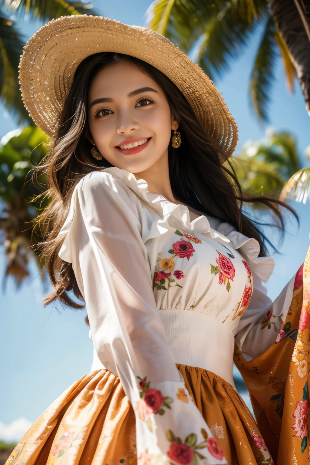 8k, highest quality, ultra details, hispanic girl, traditional dress, floral patterns, vibrant colors, sunny day, smiling
