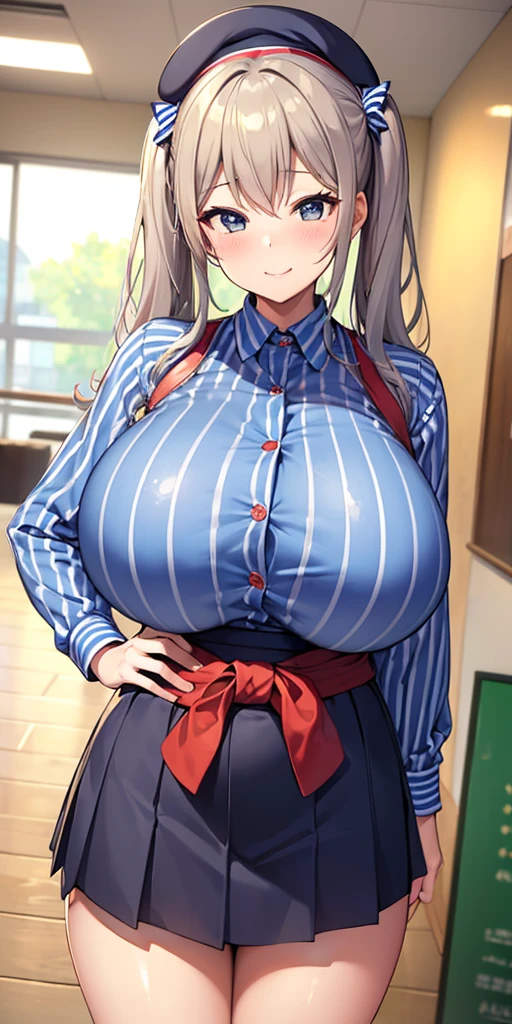 (masterpiece, Highest quality:1.2), alone, 1 girl, Kashima Lawson, smile, Looking at the audience, Hands on hips, Twin tails, beret, employee uniform, (Striped shirt), skirt,indoor, convenience store,(Huge round breasts:1.4),(Firm stomach),(athlete&#39;s chest),An athletic body,(Black bra),Firm stomach,Excited,Sweat,Troubled face,Showing off your bra,Accentuate your breasts,Open shirt,From below