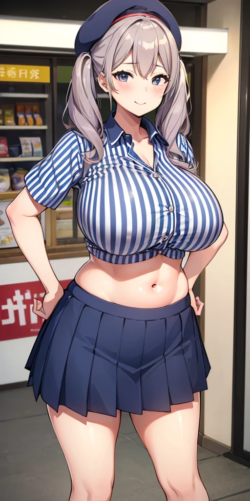 (masterpiece, Highest quality:1.2), alone, 1 girl, Kashima Lawson, smile, Looking at the audience, Hands on hips, Twin tails, beret, employee uniform, (Striped shirt), skirt,indoor, convenience store,(Huge round breasts:1.4),(Firm stomach),(athlete&#39;s chest),An athletic body,(Black bra),Firm stomach,Excited,Sweat,Troubled face,Showing off your bra,Accentuate your breasts,Open shirt,From below