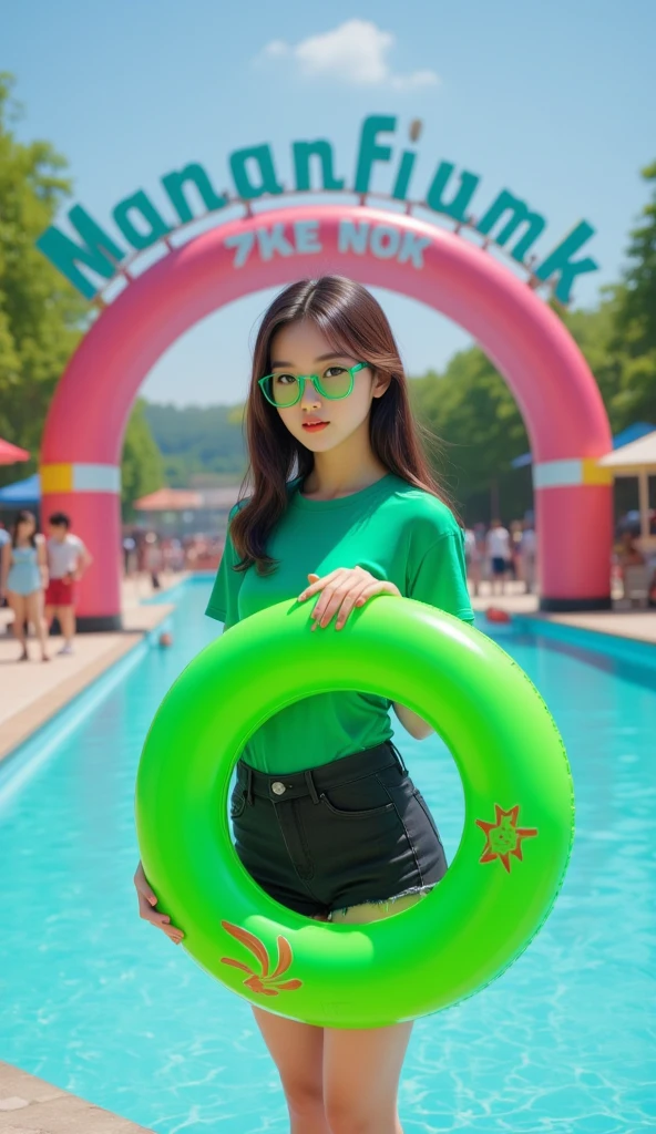  Beautiful Korean woman wearing Green t-shirt ,  short black jeans berpose anggun,  Green glasses , holding a large swimming tire green color keroppi motif on the edge of the pool, many people,  food vendor side background ,  archway board with text  ( QKAE WATERPARK  )