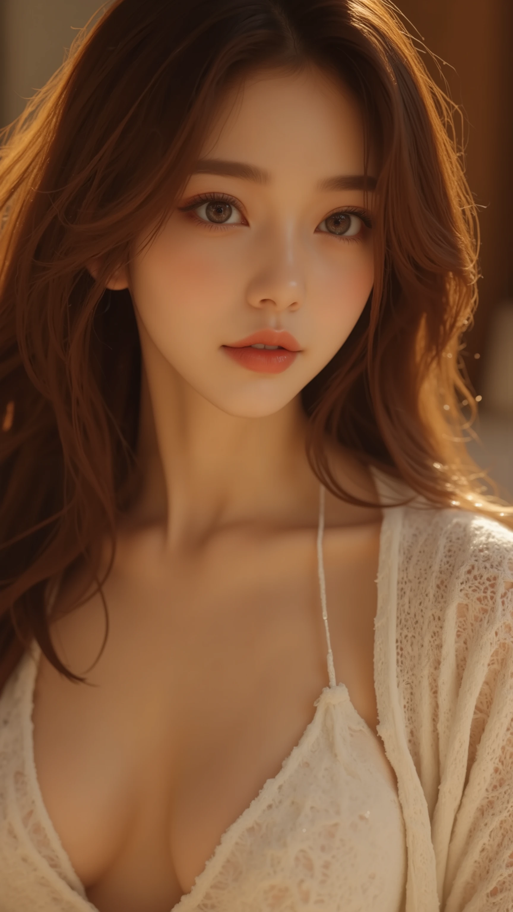 UHD, 32k, Masterpiece, top quality, Surrealism, Woman, Portrait, Close-up, Young, Asian, Brown hair, Low-cut cardigan, cleavage, Soft lighting, indoor, Natural makeup, Beautiful, Attractive, Sensual
