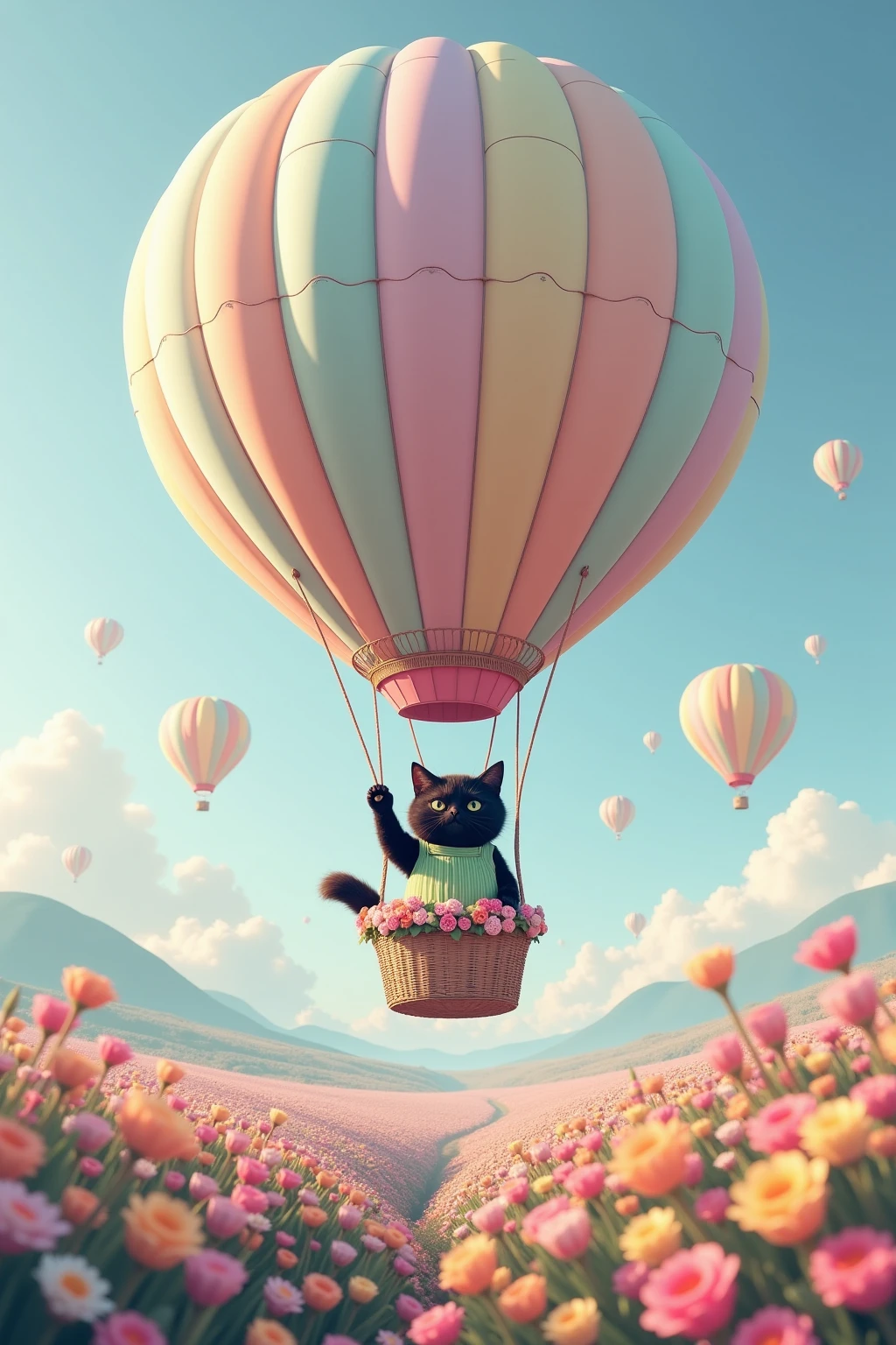 ultra-realistic, photorealistic, dramatic scene, shadow, global-illumination, the human-like giant black cat\(wearing a vertical striped green apron, black cat \), the cat is riding in the basket of a hot air balloon and floating in the air in the various pastel colored flower field with full bloom, a hot air balloon is rising up into the sky, the large basket of the hot air balloon is gorgeously decorated with various pastel colored flowers, sunny day in winter, spectacular view of vast flower field with large hot air balloon, very cute pastel colors of pink and light blue with light green