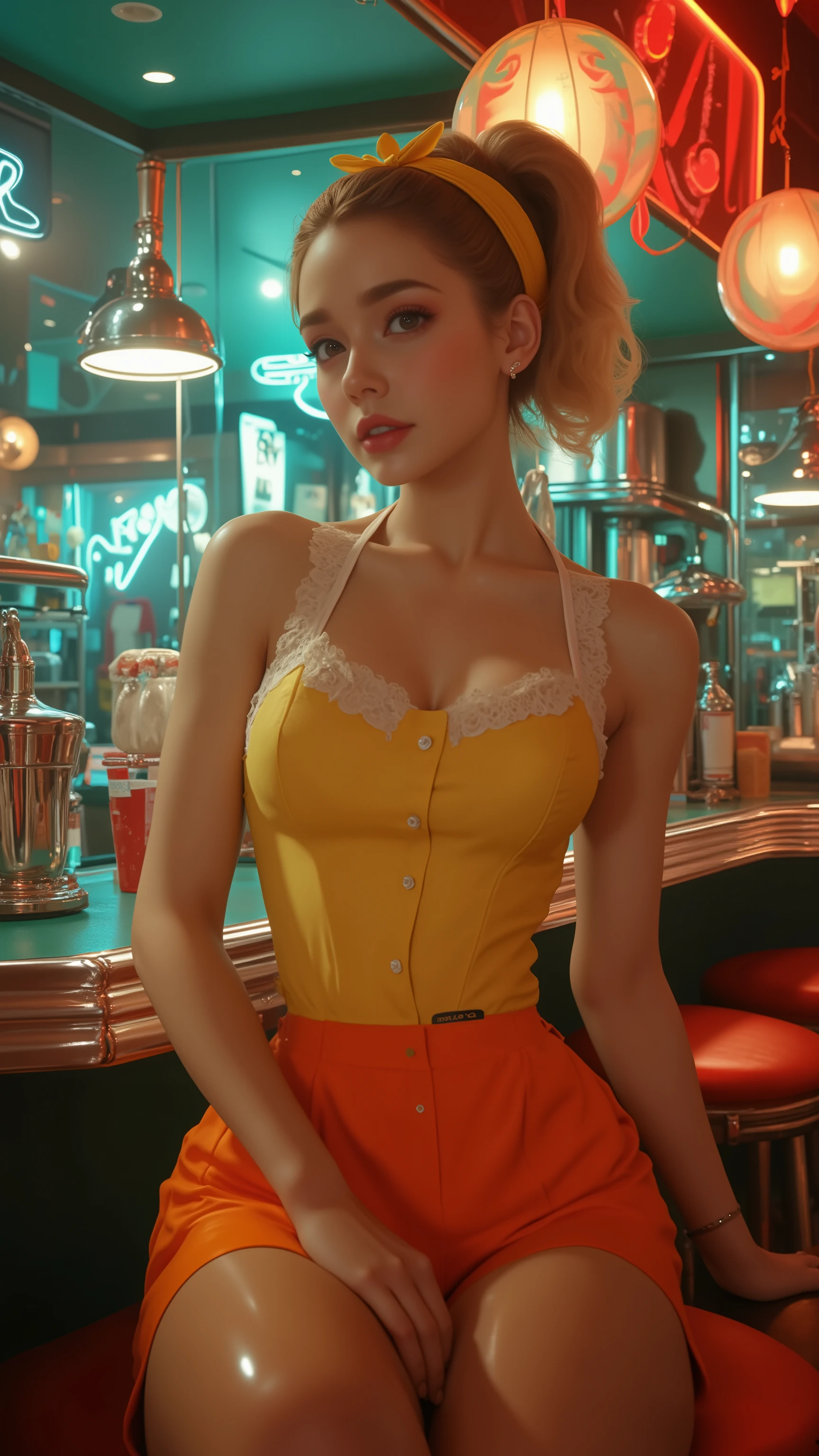 UHD, 32k, Masterpiece, top quality, Surrealism, Yellow Dress, Orange Skirt, Headband, 1950s Style, Pin-up Style, Diner Uniform,