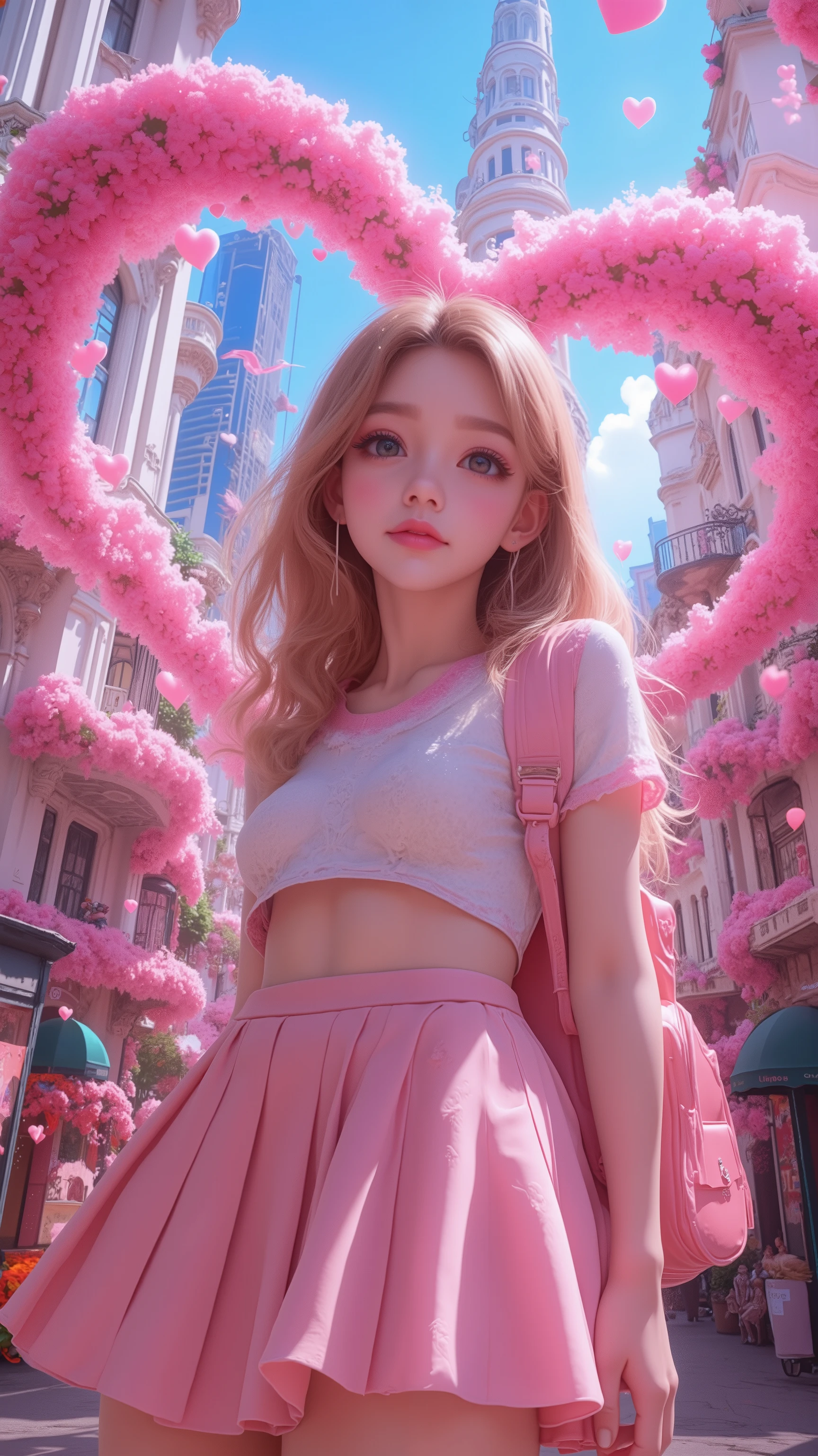 UHD, 32k, Masterpiece, top quality, Surrealism, anime, girl, pink, heart, city, pleated skirt, cropped top, cute, kawaii, schoolgirl-esque, backpack.