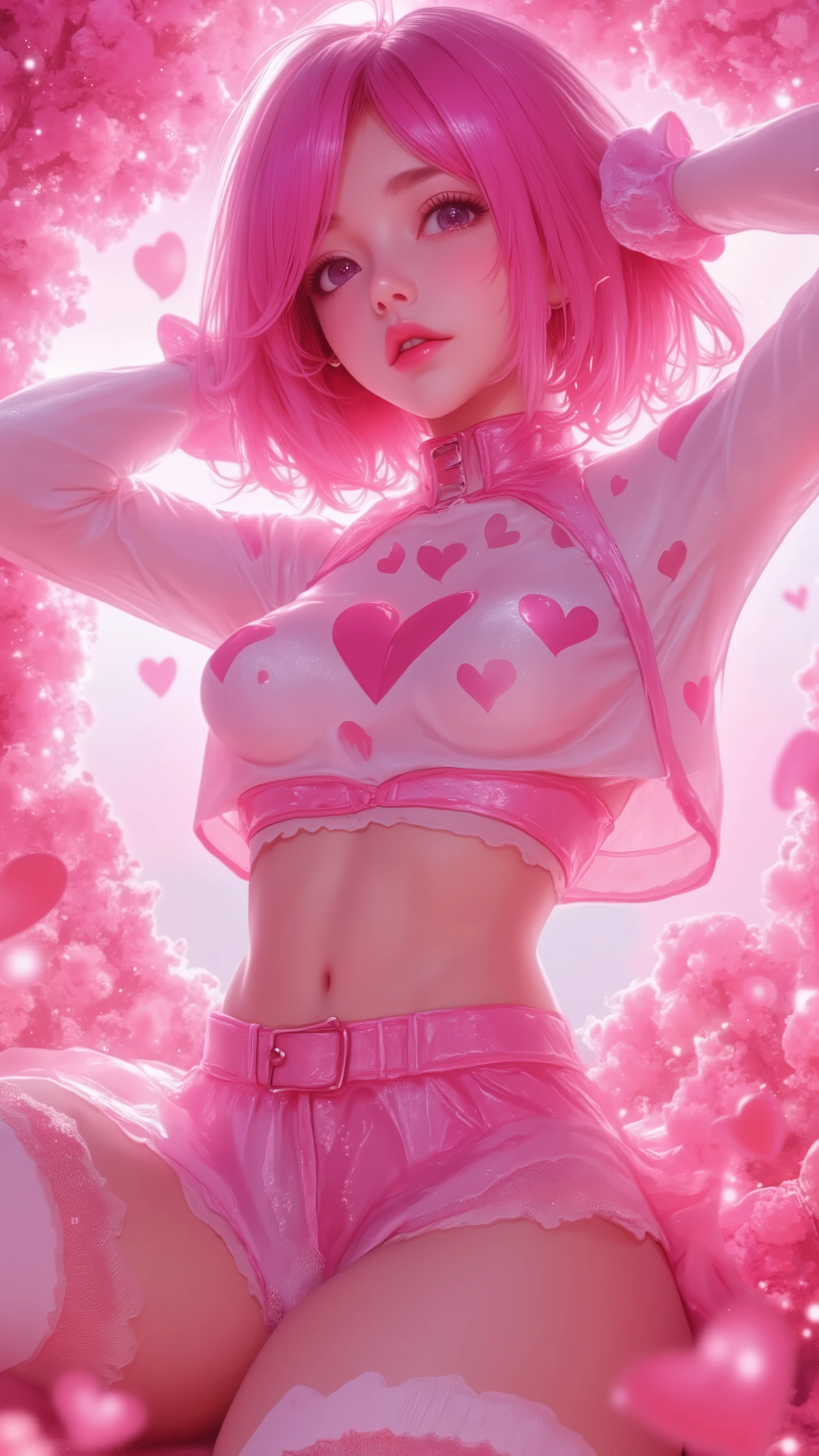 UHD, 32k, Masterpiece, top quality, Pink, heart pattern, cropped top, short skirt, knee-high socks, fingerless gloves.