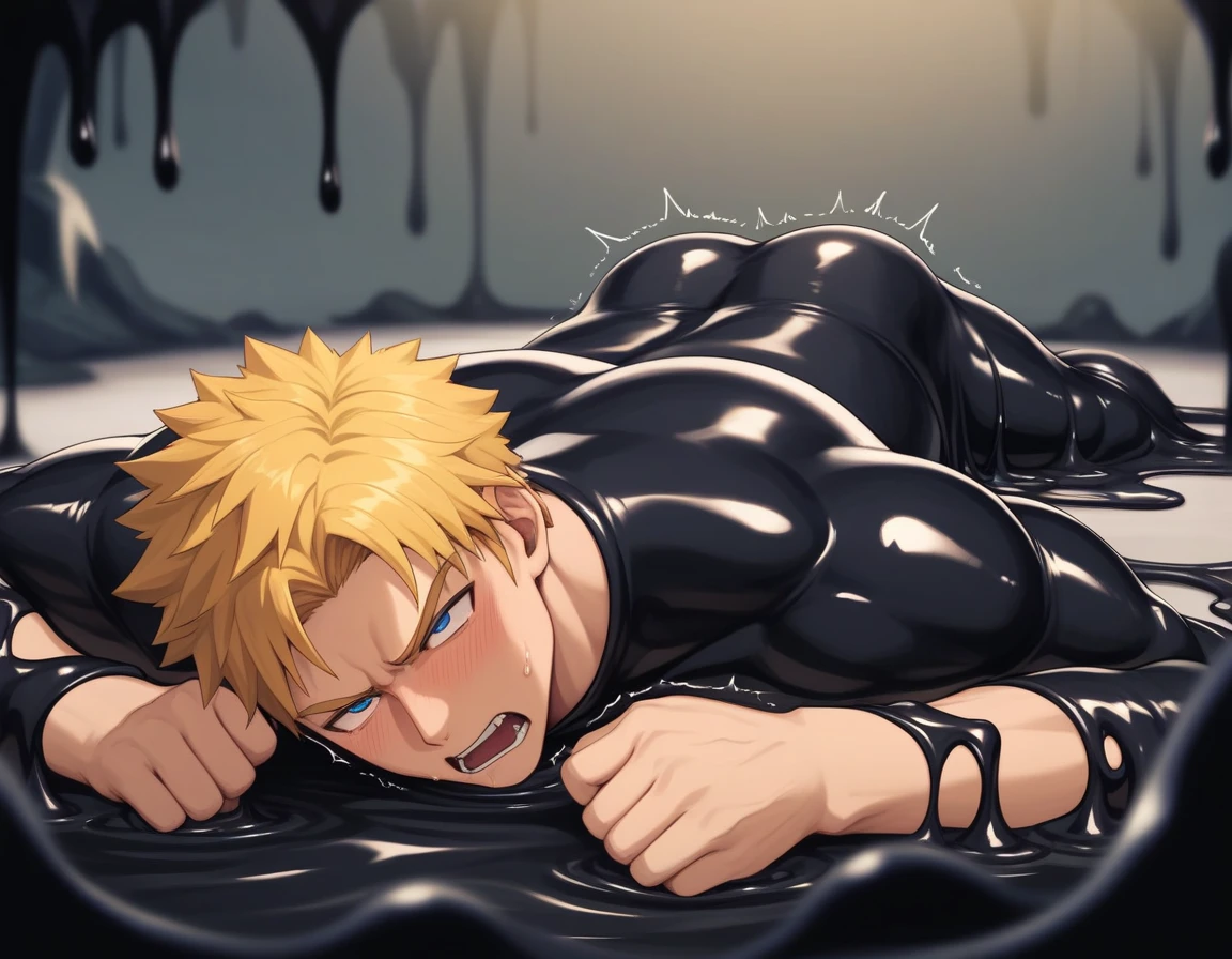 giant black goo, BREAK 1man, solid dude, gallant beau, blonde, tsurime, sanpaku, blue eyes, spiked hair, forehead, 24yo, great muscular, hot wrestler, stocky waist, BREAK high ratio body proportions, handsome, beautiful detailed eyes, toned body, elder chinpira, masculine playboy, wild caucasian, tough yarichin, naughty heroic guy, naked adult, slightly plump waist, sharp eyes, dark iris, forced orgasm, clenched teeth, blush, looking away, facial wrinkles, BREAK (solo, lying on back, body stains mixed black swamp, black liquid attack, excessive cum, black goo absorption anal, leg grab, deep penetration), BREAK (soaked with many black goo, tentacles, restrained, BREAK black goo on body, black goo on abs, black goo grab anatomy, bara, black goo cave, black goo floor, cum on body), BREAK fullbody, dynamic expression, featuring bara, 1990s, in capcom art style, in color comic style, BREAK depth of field, dutch angle, cinematic shadows, cinematic lighting, lens flare, light leaks, texture, absurdres absolutely resolution, extreme all detailed, greatest painting, anime screencap, BREAK masterpiece, best quality, BREAK score_9, score_8_up, score_7_up, source_anime, rating_explicit, score_6_up, score_5_up, score_4_up