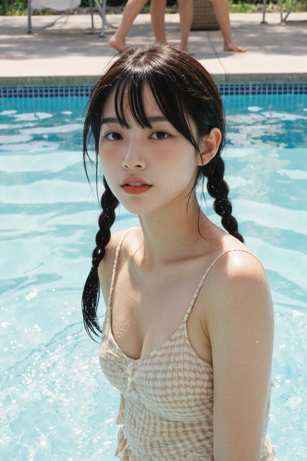 High resolution, best quality,
Realistic photos, amazingly fine details,
Photos taken by amateur photographers with medium telephoto lenses at swimsuit photoshoots,
Blurred background,
Photos taken at elaborate angles,
Full-body photos,

A very young and beautiful Japanese girl,
She has a young face,
She is an  teenager,
She is short,
She is having fun in her swimsuit,
The swimsuit is made of thin fabric,
She is completely soaked,
Water dripping from her hair,
Water splashes, water dripping, summer waves,
She is very tanned,
The swimsuit has slipped and her tanned white skin is visible,
Braids, ponytail, pigtails, twin tails, long hair, bob hair, bangs,
She has freckles,

Swimsuit photoshoot at a public pool during the day,
Strong midsummer sunlight,
The water surface is shining,
g1ass_sh33t,
(NSFW:0.5),