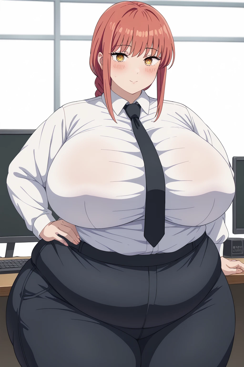 Makima, makima,  long hair、bangs、 shirt、 Long Sleeve , yellow eyes, white  shirt、 braided 、 thighs、Red Hair、 ties, collared  shirt、 black pants 、black  ties,Huge Ass,Big Anal, turn your butt to the screen ,  bending the knee ,Huge Saggy Tits, company office, troubled expression,blush,Obese middle-aged woman,Severe obesity, Fat face,ssbbw,weight 250kg, score_9,  score_8_ up、 score_7_ up、 score_6_ up、 score_5_ up、 score_4_ up、 Masterpiece、 best quality , A beautiful woman with an obese figure,  absurd、 source_Anime, Anime screencap,  one woman、Alone、 personal  、Super huge breasts,  super huge clevis、Super huge, Super huge boob, curved、 Wide Hips 、 cowboy shot 