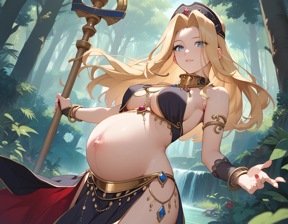 MintBase , blonde hair, long hair, blue eyes,black dancer costume, pregnant ,  light-rich forest ,breast_curtain