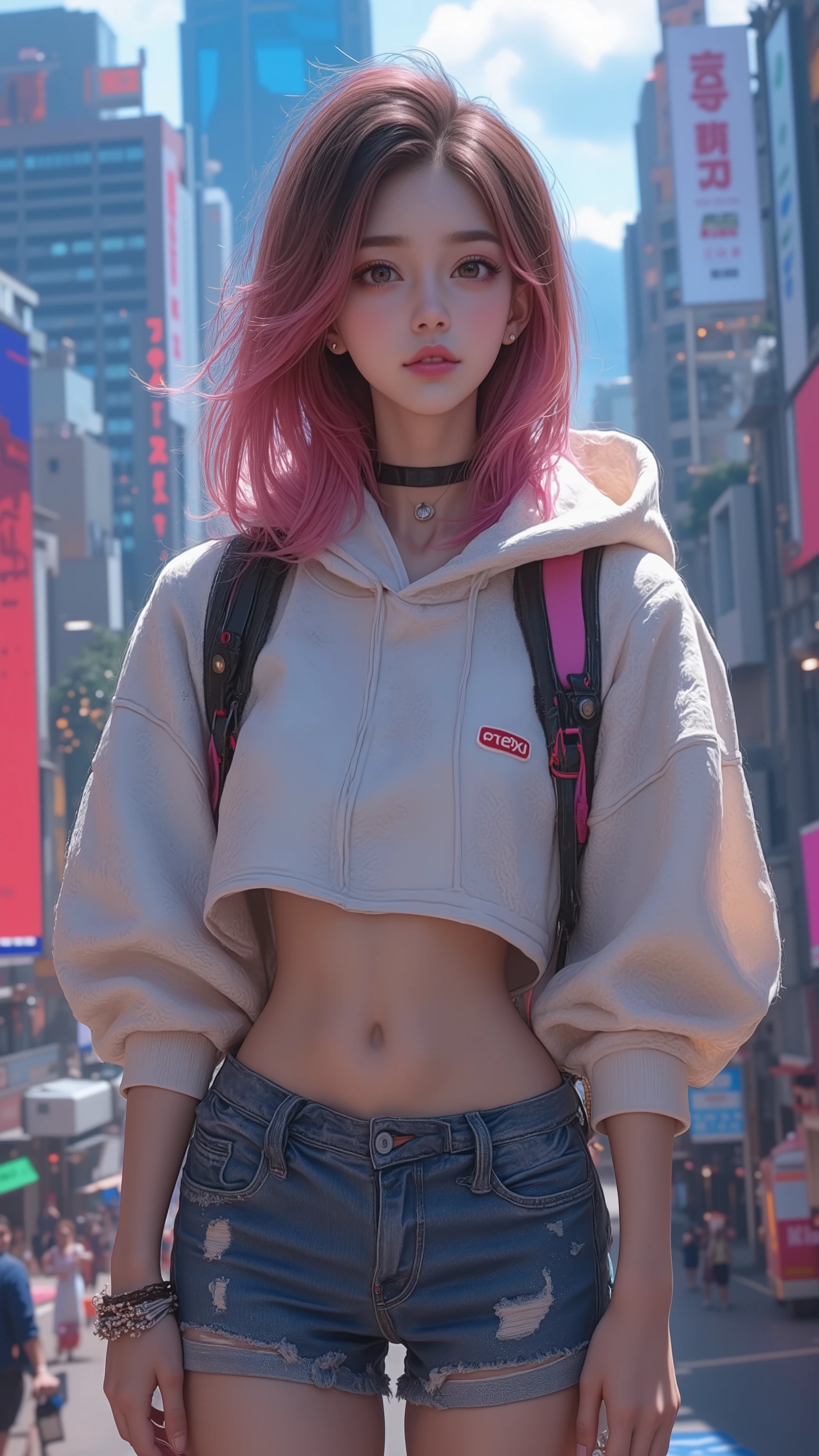 UHD, 32k, Masterpiece, top quality, Anime girl, Casual wear, Street style, Hoodie, Jeans, lasses, Choker ,Bracelets, City background, Realistic anime, Digital art