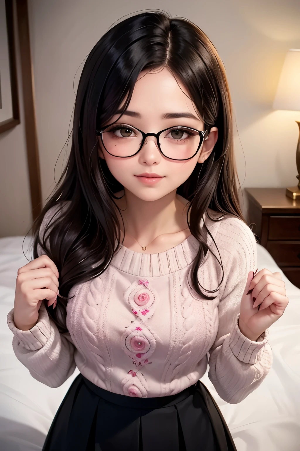 Amazing portrait of a cute and sexy woman with her long black wavy hair flowing down her back and a beautiful face with her eyes in a seductive gaze with square glasses and her soft lips in a seductive smile, her olive skin blushing pink wearing a white sweater with pink floral patterns accentuating her medium chest and a black skirt on a bed with intimate lighting beautifully accentuating her amazing features