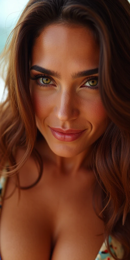 A close-up portrait of woman with vibrant brown hair, green eyes, captured in ultra-realistic 8K resolution using a Canon EOS R5 with a 50mm f/1.2 lens. Her face is sharply detailed, smiling, with smooth skin textures, defined facial features, and a piercing gaze that exudes confidence. Gopro hero photo, persian girl with big boobs wearing a bikini dancing at tomorrowland festival , direct flash photography style. raw energy. Her expression is sweet and alluring, her brown hair styled. Large expressive eyes. high-contrast, overexposed, flash photography effect, with deep shadows and strong highlights. 