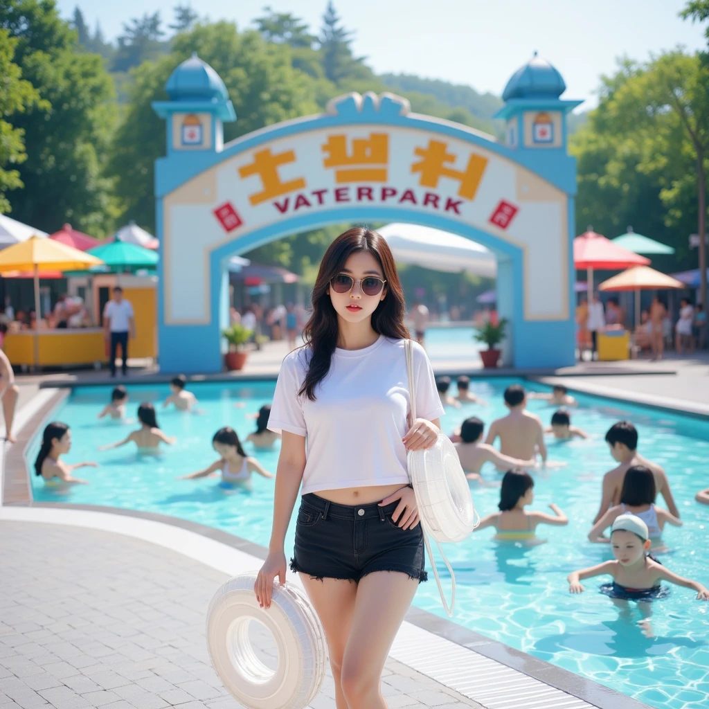  Beautiful Korean woman wearing white t-shirt ,  black short jeans , sunglasses ,  carrying large white Swimming Tires standing by swimming pool barefoot ,  crowded people swimming and food vendor background ,  archway board with text  ( QKAE WATERPARK  )