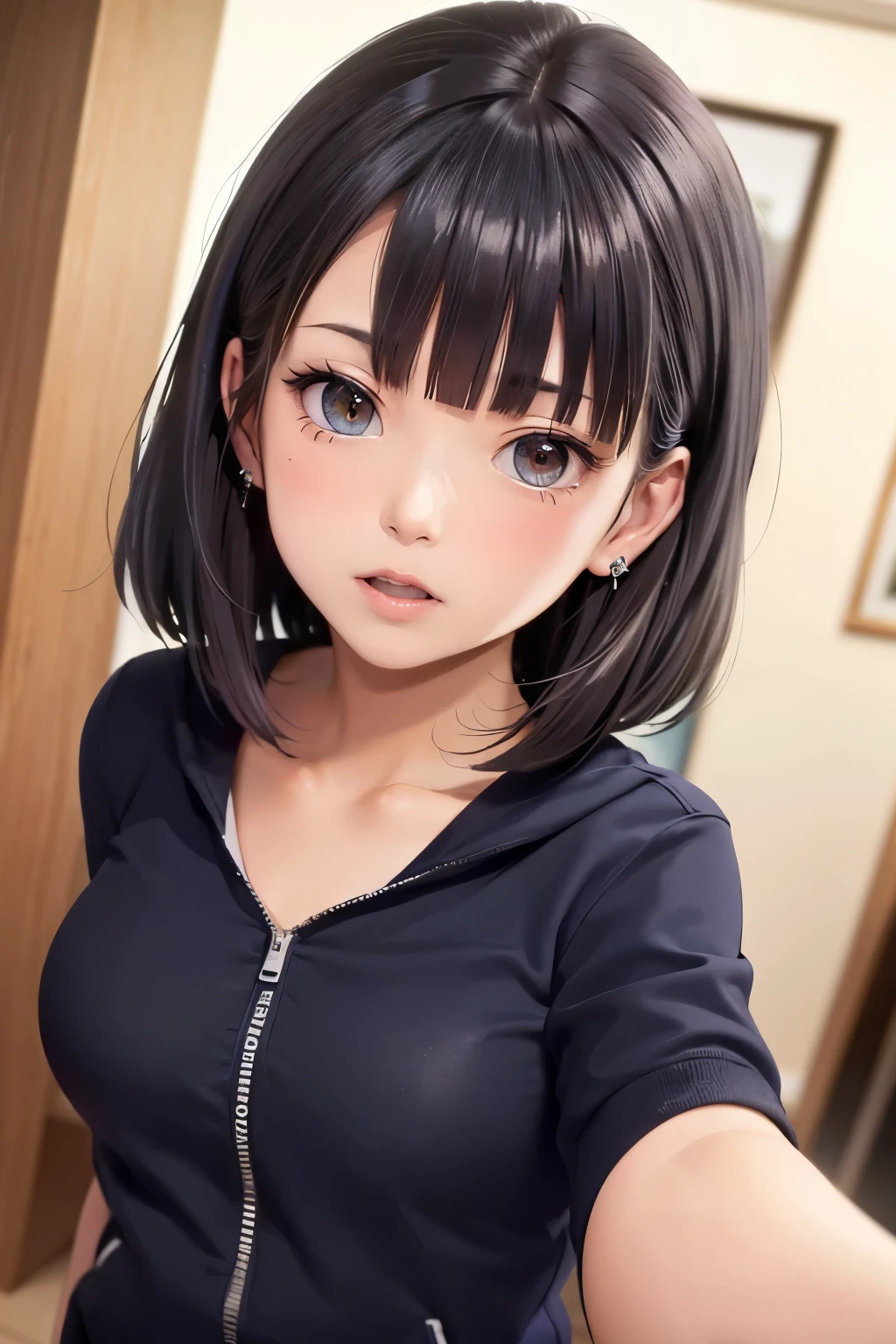 (masterpiece, best quality, perfect hands, perfect fingers, parfect face, high resolution, ultra detail, 16k:1.2), japanese girl, (:1.8), (boyish:1.8), very short hair, (clothing:1.8), gigantic breast, maid like bodysuit , cowboy shot, erect,