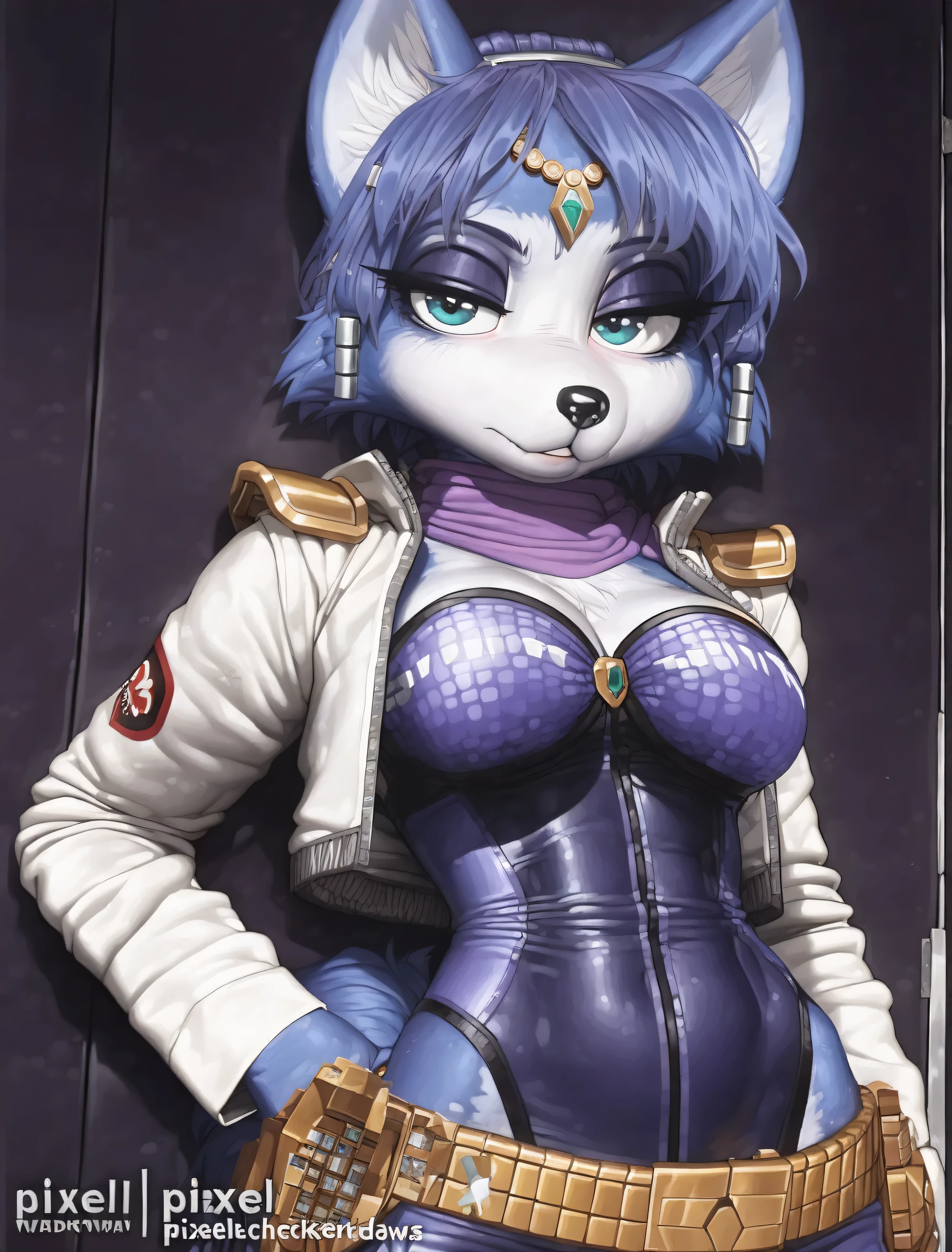 ((Krystal)), ((Starfox)), ((pixelsketcher)), ((wamudraws)), ((masterpiece)), ((high resolution)), ((cartoon style)), ((solo portrait)) {(attractive figure), (toned body), (slim waist), (blue fur), (blue hair), (hair accessories), (black nose), (pointed fox ears), (dark blue eyes), (half lidded eyes), (indigo eyeshadow), (long eyelashes), (calm look)}, {(navy blue jumpsuit), (white jacket), (purple scarf), (utility belt)}, {(looking at viewer)}, ((military base))