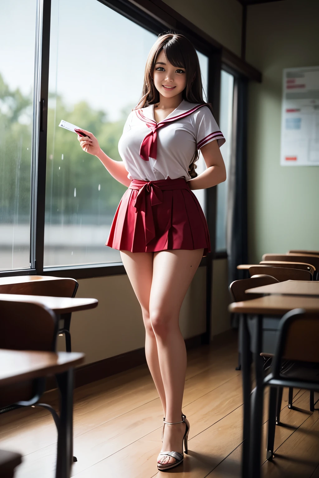 Perfect composition, Proper placement, Golden Ratio, masterpiece,  best quality,  high definition ,  one  Girl, Cute Girl, full body focus, full body shot, view the viewer, smiling, standing,  Wearing a Japanese High School Sailor Suit:1.331, Summer short sleeve uniform ,  red ribbon,  Anatomically Correct Ratio :1.331,  has a small head :1.331, Curvy body:0.9,  thin waist:1.331, Thin limbs:1.331,  big breasts, Brown Hair,  wavy long hair,  bare legs, white pin high heels,  Summer evening, rain:1.21, In a school, classroom:1.21,  old blurry photos, Faded photos , Light and Shadow, Movie Lighting, 