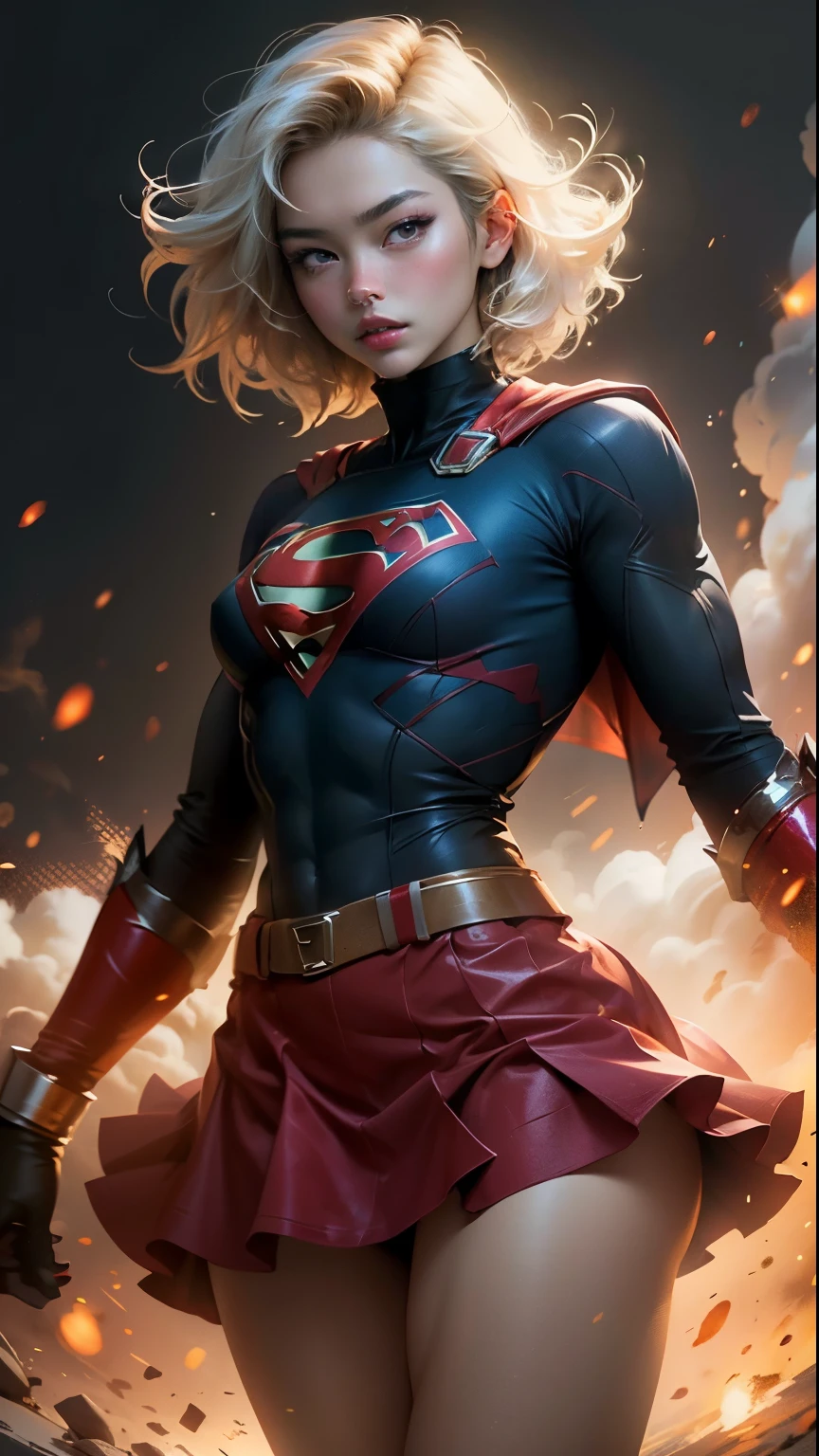 "((best quality,best illumination)), beautiful model with short hair and athletic body, wearing Supergirl cosplay, skirt shorts, accentuated and highlighted breasts, dynamic pose, colorful background, high saturation, vibrant lights."
