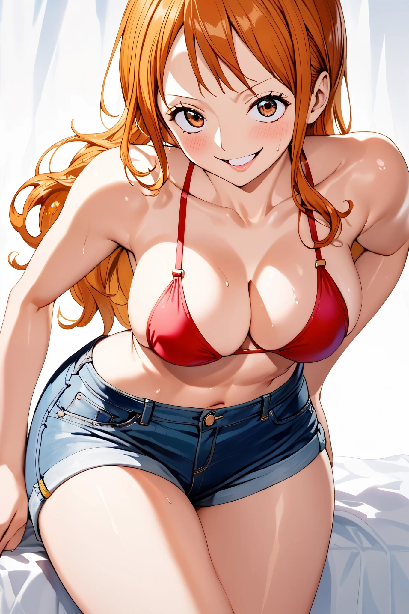 masterpiece, Best Quality, High resolution,16k,official art,super detailed skin,detailed,animated painting,(Nami:1.5),(onepiece:1.5),1990s \(style\),(E-cup beautiful breasts)、 (tall:1.2),height: 175cm,Fashion model body type、clevage, Sexy long legs,bikini bra、(short jeans),underboob,Abdominal muscles、, oraneg hair、long hair,big eyes,long eyelushes,Muscular、1girl,solo,nsfw,sexy,happy,smile,shy,blush,(vulgarity:1.3)、(Ahegao:1.2),Anime-style painting style,Close up on full body,Cinematic lighting,Superfine,Seductively Posing,dynamic angle, closeup shot,simple white background,Sweating all over the body,splead legs,morning,closeup