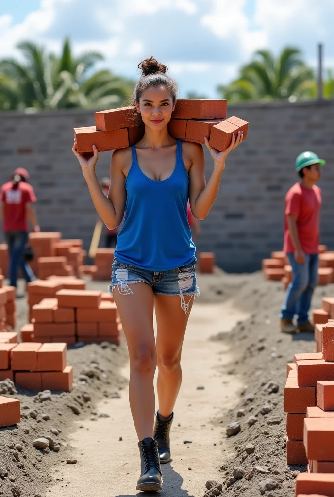 21 year old redhead woman braids her hair create workers are building a brick wall in a construction site, bright construction materials, workers, brick, construction, bricks, journalism photo, red bricks, building blocks, working hard, craftsmanship, illustration, built on a small, by Rodolfo Morales, walls are made of dry wall, by Rodolfo Amoedo, construction site, instagram post, instagram photo