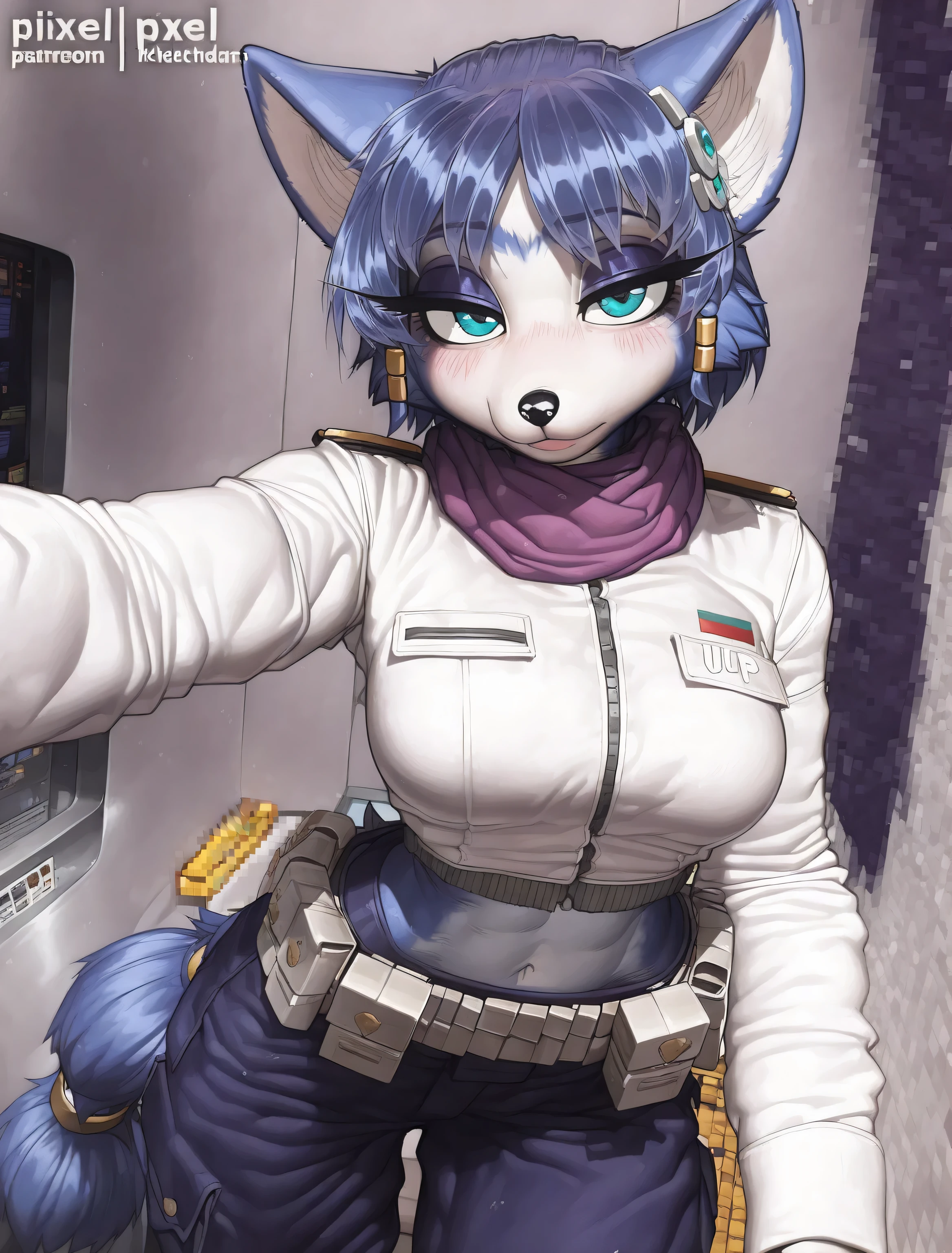 ((Krystal)), ((Starfox)), ((pixelsketcher)), ((wamudraws)), ((masterpiece)), ((high resolution)), ((cartoon style)), ((solo portrait)) {(attractive figure), (toned body), (slim waist), (blue fur), (black nose), (pointed fox ears), (blue hair), (hair accessories), (turquoise eyes), (half lidded eyes), (indigo eyeshadow), (long eyelashes), (calm look)}, {(navy blue pants), (midriff), (navel), (white jacket), (purple scarf), (utility belt)}, {(looking at viewer)}, ((military base))