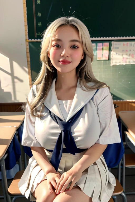 Heavy makeup,16 years old,smile,blonde,Japanese,White shirt, Ribbon tie, Pleated skirt, Micro Mini Skirt, loafers, whole body,Beautiful thighs,Sitting,Real schoolgirl:1.3,Honor student,Classroom during lesson