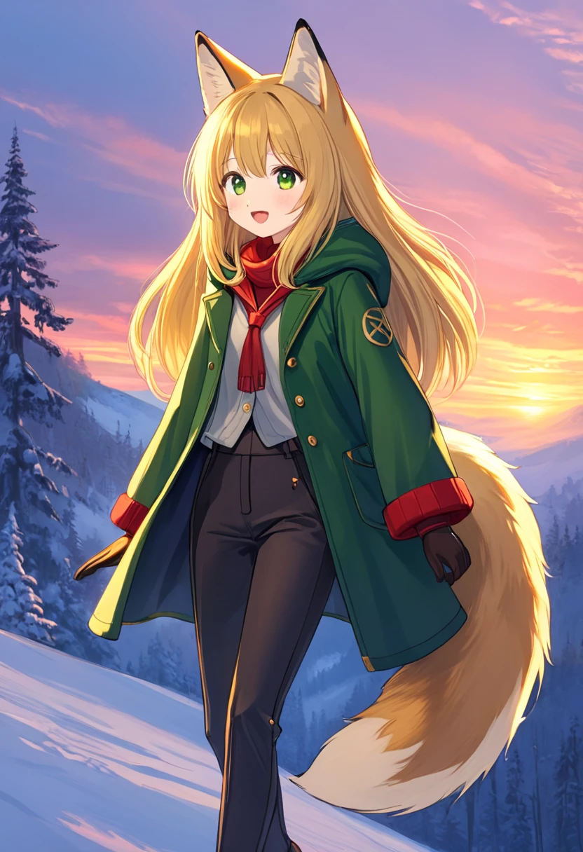  the fox, was hairy, shaggy, skin fur, smooth lashes, golden fur, forelimb hands, straight long blonde hair, solid circle eyes, golden ears, golden fur, golden facial fur, shiny hair, red eyes, heart-shaped eyes, super cute face, 1fox tail, fluffy tail, furry tail, glowing eyes, green coat green hood down, brown trousers, riding horse, open mouth, pain face, embarrassed, ambient light, ultra-fine fur, dashed eyes, full body, masterpiece, pixiv, high quality, high-details, best quality, (((solo))), twilight, sun light, red sky, rim light