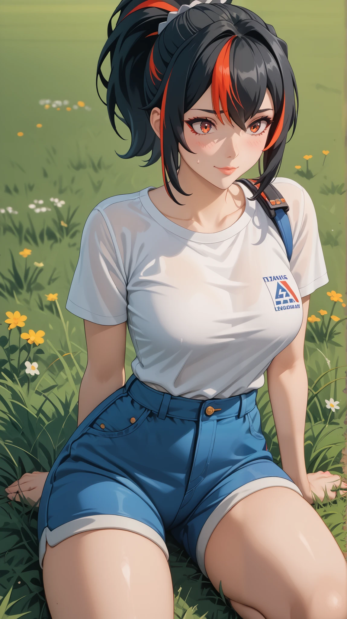 Masterpiece, extremely detailed,4k,solo,1girl,Zhu yuan, ponytail streaked hair, ,full body,perfect slim body, sit down,ambarrased ,long legs ,perfect slim body,large breasts, ((kawai face)),embarassed ekspression,smile,(closed lips),arms behind back, cowboy shoot,((grass)), front look, looking at viewers, white tshirt, ((short pants))