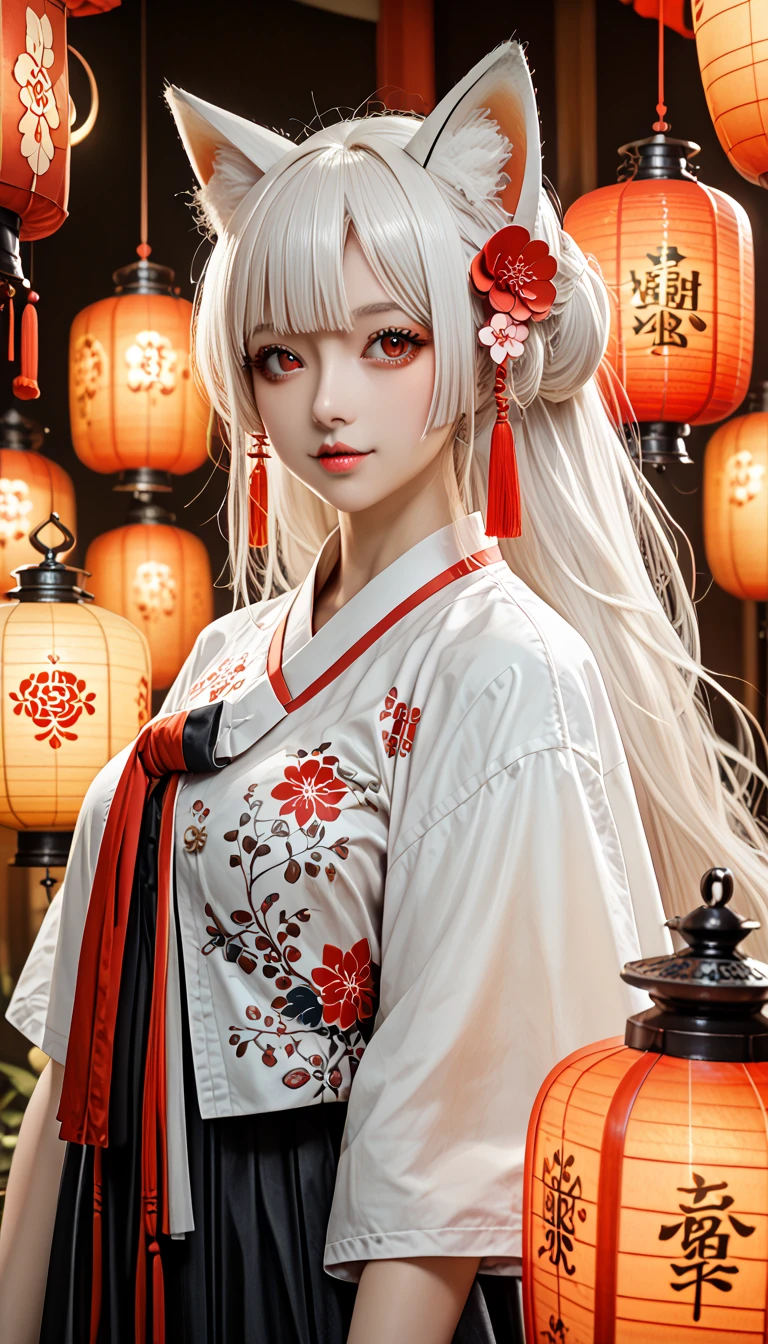 (masterpiece,  best quality :1.2), 1 woman,  alone, Gumiho, 여자 Gumiho,  Korean girl, Fox ears, fox tail, Hanbok,  white hair, Joseon dynasty houses, ( huge boobs :1.4),  red eyes, Lantern ,  long hair , 검은색 Hanbok