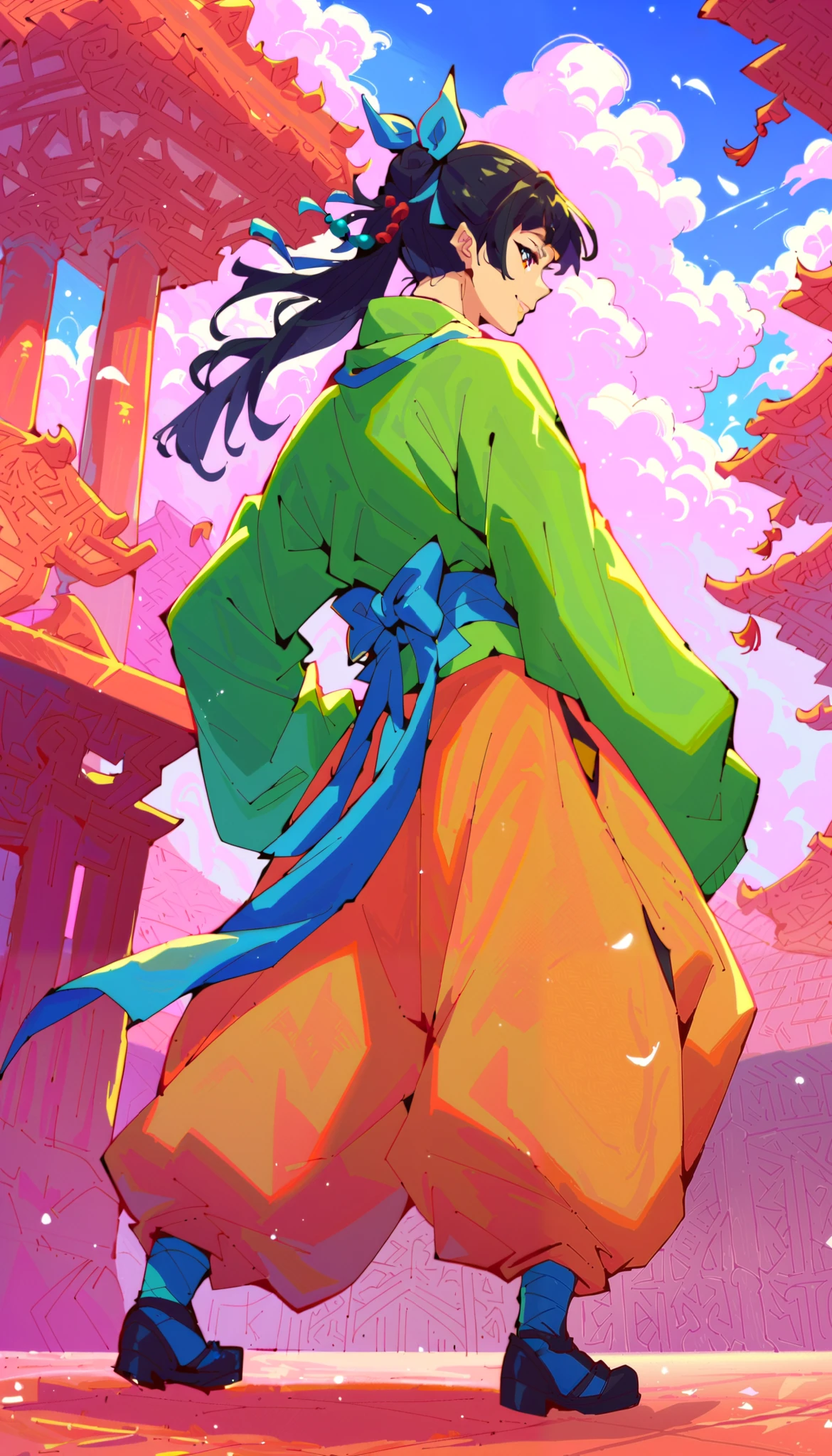 Woman dressed like a ninja, colorful outfit, big ribbon, long scarf, ninja on a tile, background is blurred