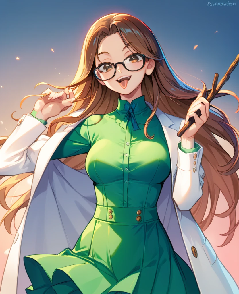 masterpiece, High Quality ,,One Girl Zombie , wore glasses, is the face I fell in love with, sticks out her tongue, dark eyes,light green skin, brown hair, long hair, Upper Eye Care,Tattered white coat, Dirty Open Chest Y Shirt,Formal Skirt, cowboy shot ,