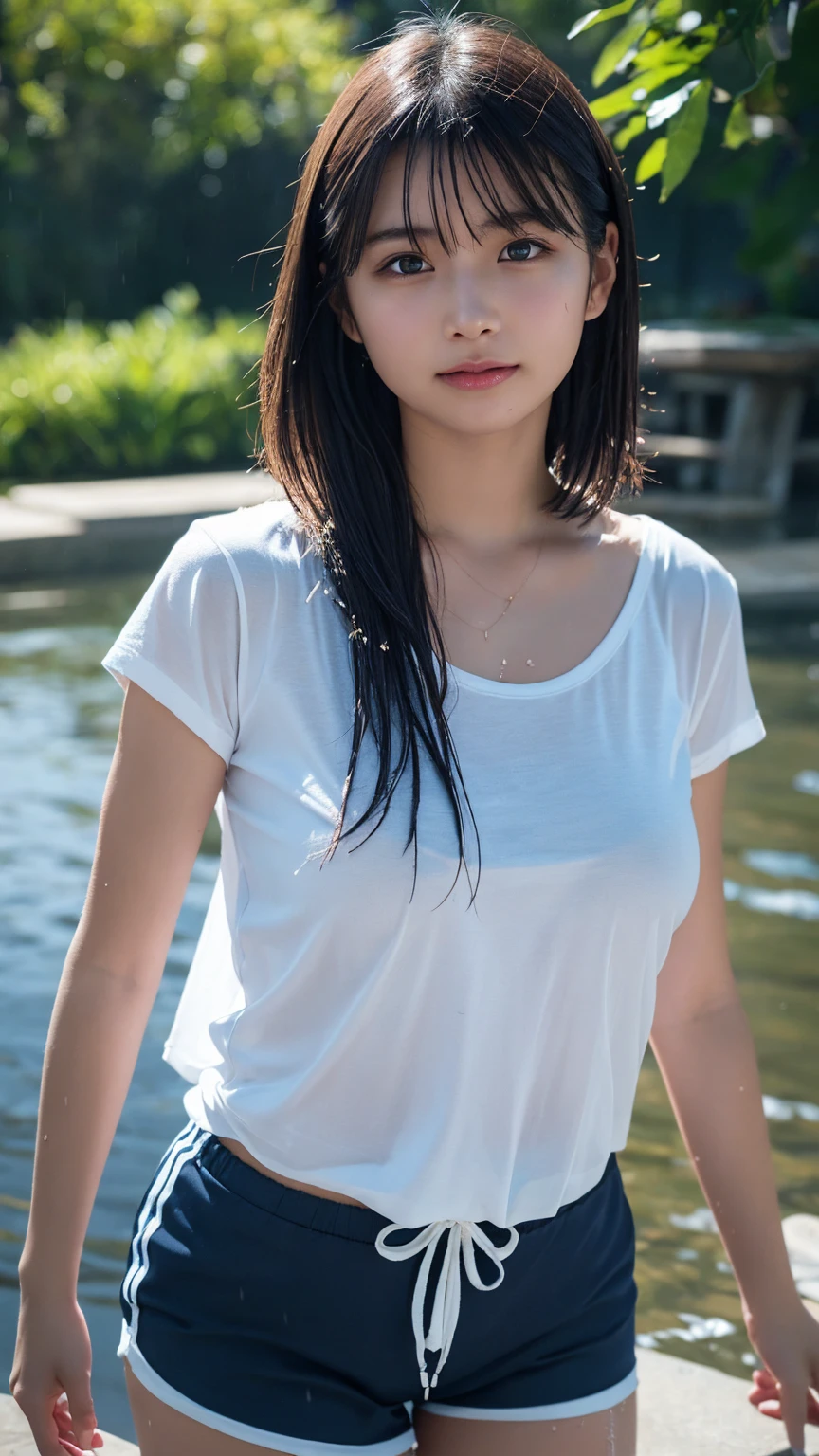 Best Quality, masutepiece, Hyper-Resolution, (fidelity:1.4), Photos, 1 cute girl in white shirt, movie, (Wet clothes, Real rain, Wet hair,..