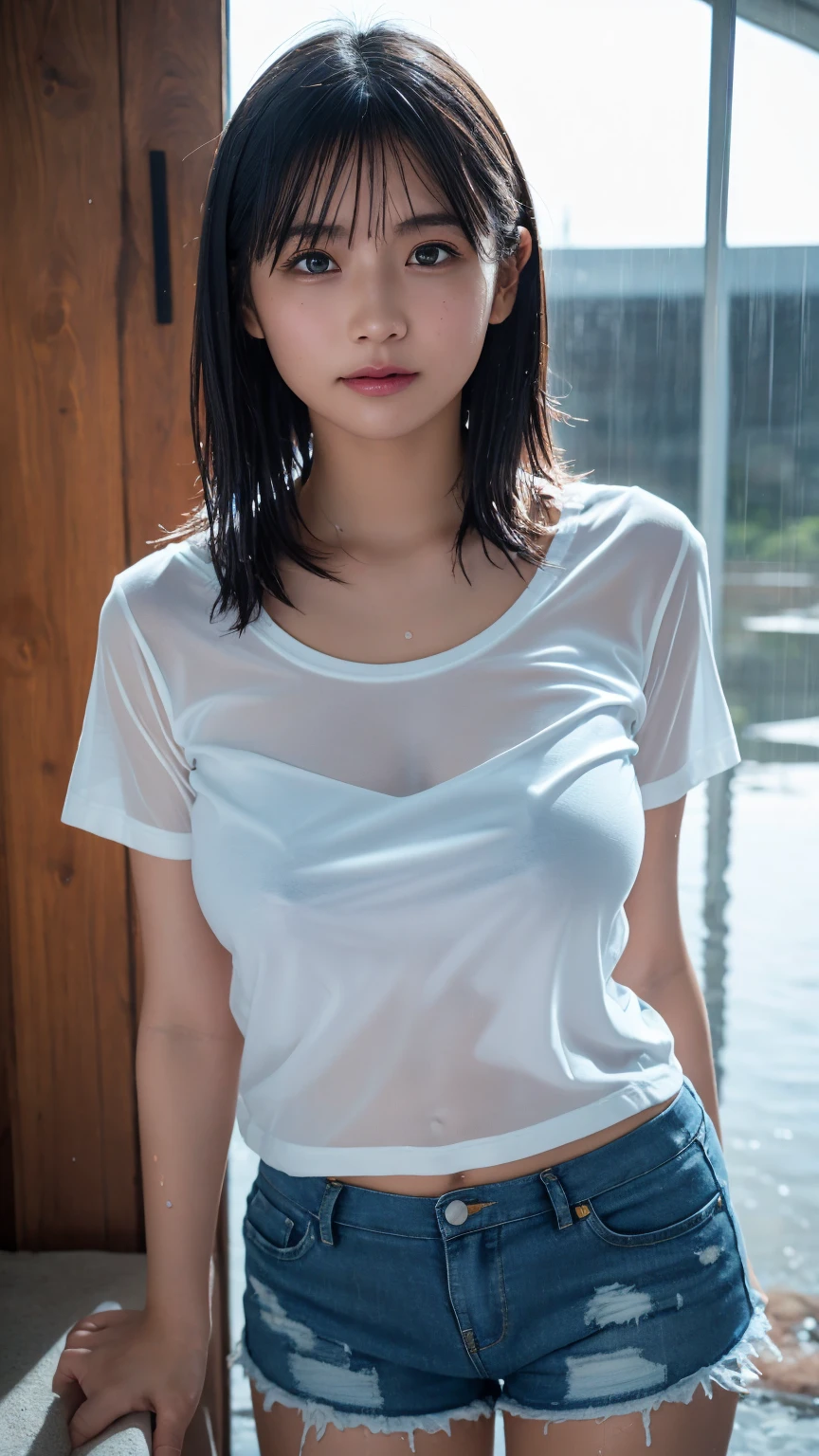 1 Woman， 8k， RAW photos， （best qualtiy， tmasterpiece， Complicated details： 1.4）， （realisticlying， realisticlying： 1.3）， （realisticlying： 1.3）， realisticlying， model in Japan， （（ rainy days））， （Standing in the rain on the street： 1.5）， very heavy rain， （Soaked all over： 1.8）， （（thin shirt with））， （Light-colored shirt）， （Rain wet transparent skin） The shirt： 1.5）， （Shirts that stick to the skin when they get wet in the rain： 1.5），（A beautiful woman like a Japanese idol），20yr old，（petty face：1.5），（Sexy expression），light make-up，tthin eyebrows，Beautiful face in detail，Detailed eyes，（tear bag：1.5），detailed finger，Detailed legs，Detailed skins，medium boob，（Wet hair：1.8），（wet bangs：1.3），（Wet skin：1.8），（Transparent prominence），lustrous Some hair，Glossy glossy skin，（（Wet and watery hair：1.3））， （Moist and hydrated skin：1.3）Tong，blacksilk，Harnes， --auto