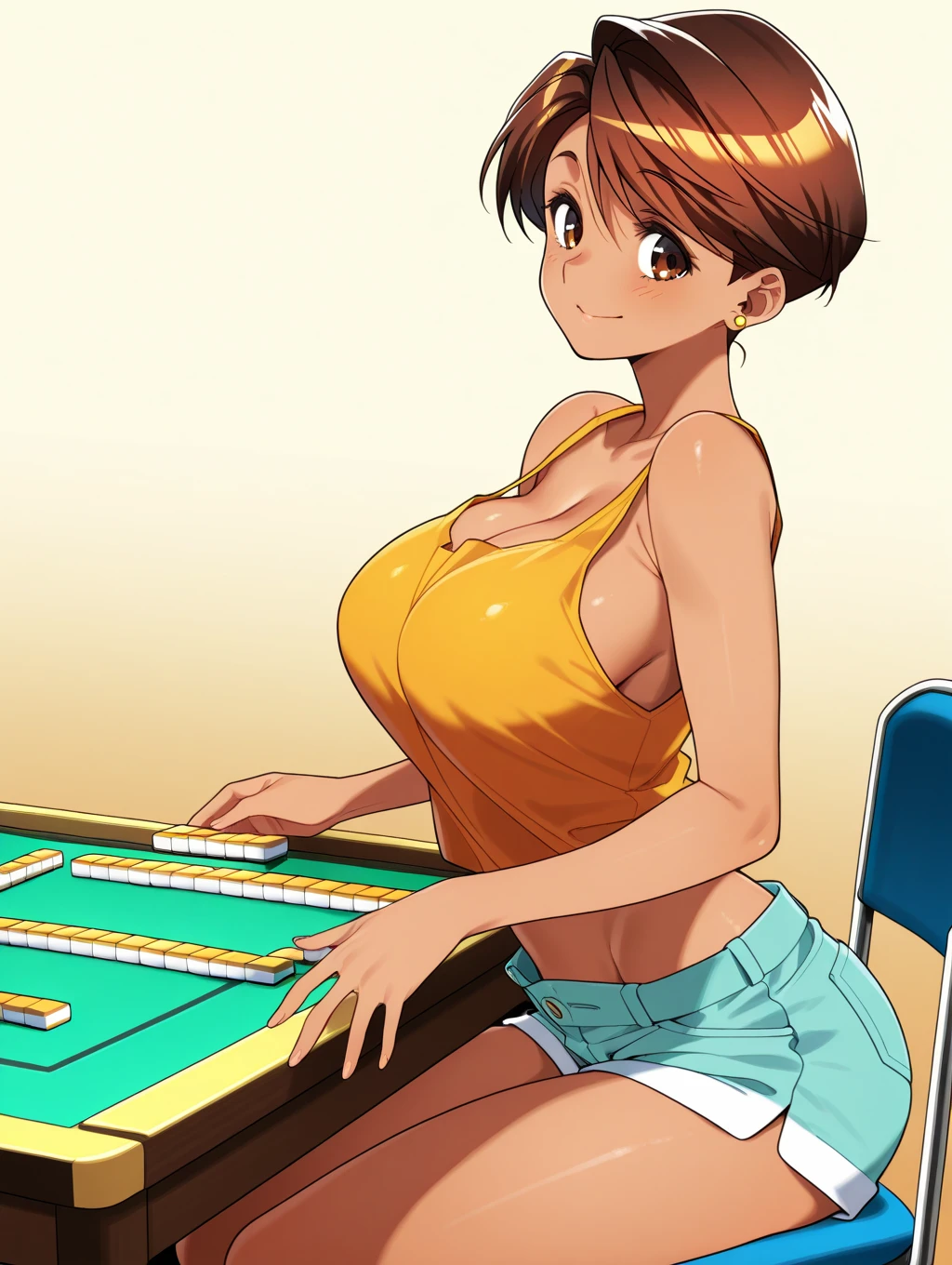 Toono mizuki , dark-skinned female, brown eyes, earrings,  from the side 1 girl ,   No.,  shorts, Masterpiece,  best quality ,Big Breasts、stripgame、Mahjong table、Strip Mahjong、comics、comicsページ、 comicsページ、 comics　Panel layout、comicsシーン　Mahjong tournament、 Punishment Game、2 Scenes　nsfw　モノクロcomics　comics割り
