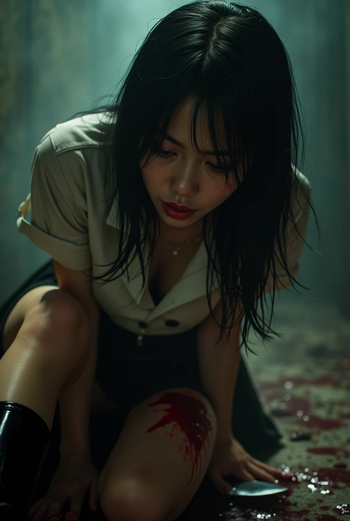 A scary corean girl looking like a animal in four support position on the ground holding a dead bloody squirrel in her mouth with savage look in a house's backyard terror style