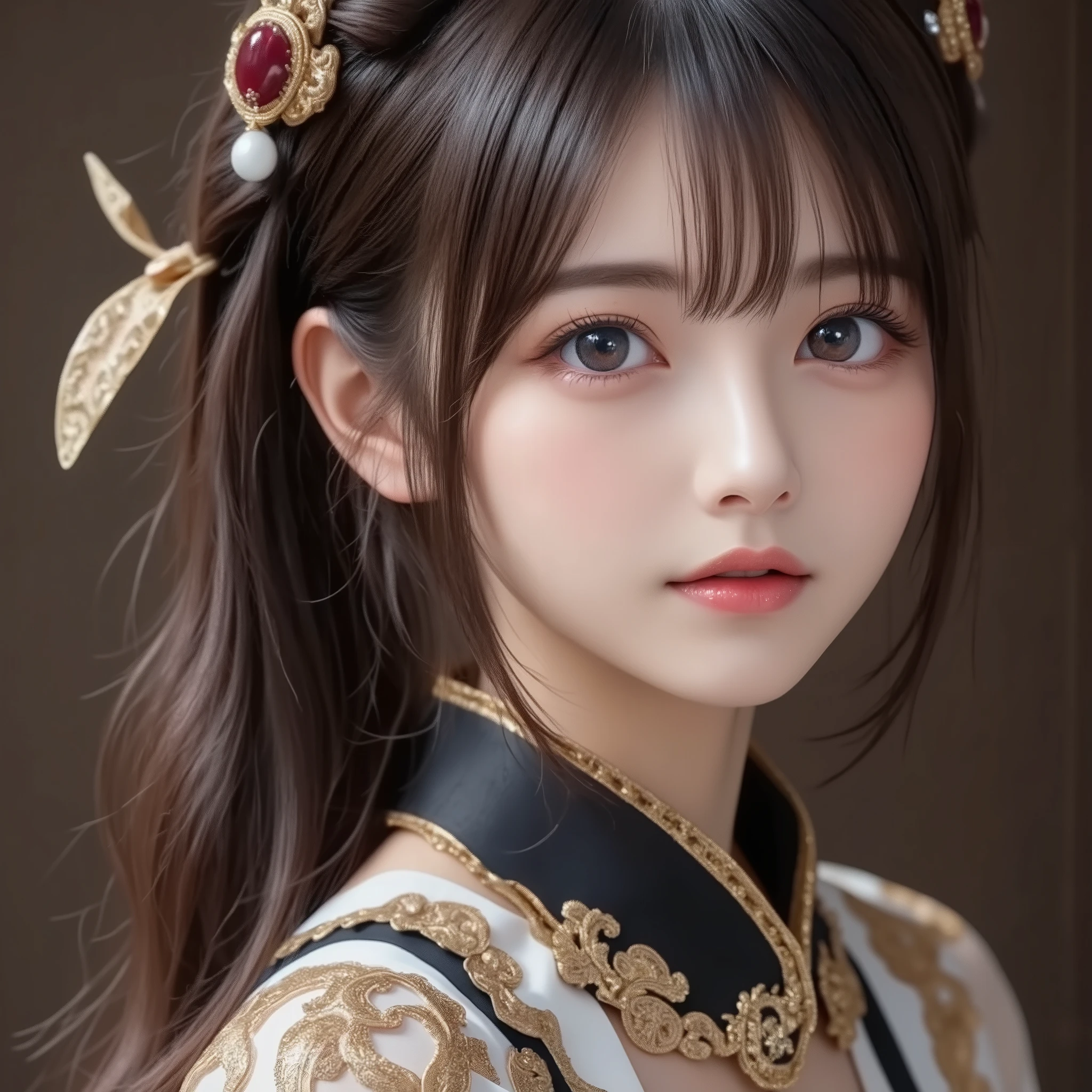 8k,    ultra high definition ,   best quality , Masterpiece,rule of thirds,golden ratio, surreal,photograph,  one woman,(  girl :1.3), cute, cute顔, 細部まで  beautiful eyes, 細かく Details, mature woman, princess,extream close up,smile, black hair,Short twin tail hair,ID photo,future, Brutal Cyberpunk Woman, luxurious and beautiful ,prairie,(( ethnic costumes:1.5)),Fancy Fashion, Luxurious Decor,(BDSM Femdom),(Cute  girl ),(Upper class woman:1.5), Expression of Despair , dark atmospheric lighting , fine detail,   Detailsな顔,anger,  charming eyes,(ポートレートphotograph:1.4), fantasy art ,(  beautiful faces:1.4),美しく  charming eyes、  beautiful eyes,Silver Remaining,(  Thin Waist:1.4)、( Beautiful :1.4),  pink lips, profile,(((  ideal body shape))),Small bust, A cup :2,、 portrait:2、  perfect anatomy 、鮮明な  Details、  Details, thin lips,完璧で  beautiful faces ,完璧で cute顔,   Meticulous Skin  ,  Perfect Limbs 、  Thin Waist,  surreal,Light and Dark,  fashion magazine cover,bloom