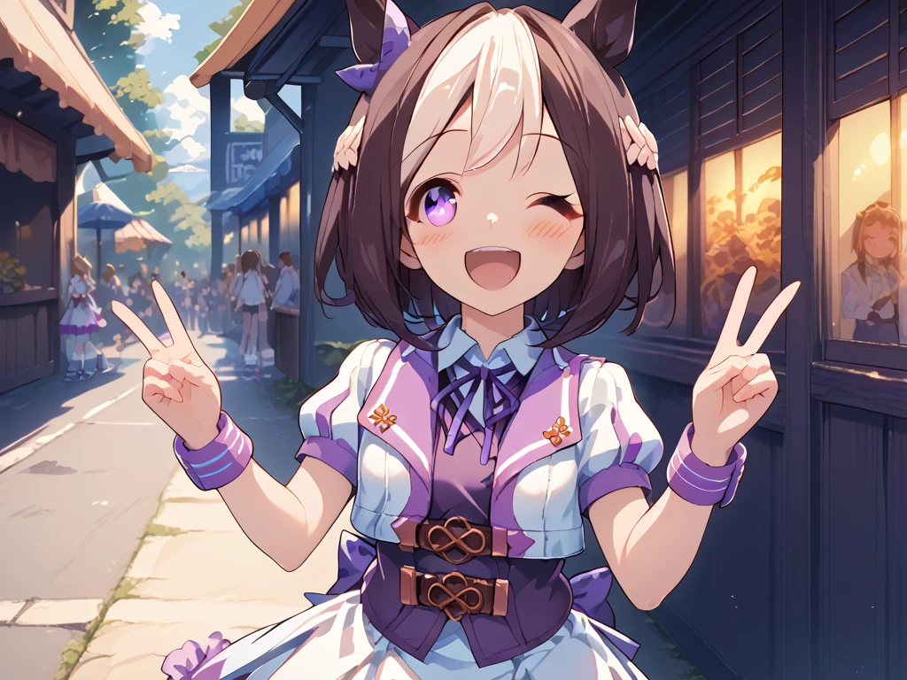 best quality, absurdres, masterpiece, 1人の女の子
special week \(Uma Musume\), 
ear bow, purple bow, puffy short sleeves, neck ribbon, blue ribbon, cropped jacket, white jacket, two-tone jacket, collared shirt, white shirt, purple vest, wristband, wrist cuffs, white skirt, pleated skirt, two-tone skirt, frilled skirt, frills,   zettai ryouiki, white thighhighs, white footwear, purple footwear, asymmetrical footwear, mismatched footwear, Durable sneakers, looking at viewer, wink, standing, making a peace sign, outside, in the festival, with a sun, in the afternoon, midday, happy, laughing, blush, tall, 30-year-old, adult, cute, beautiful, standing, upper body