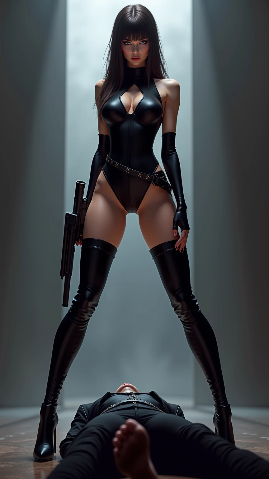 resident evil sexy jill valentine, bodysuit, seductive, stockings, high heels, stilletoes, high boots, long boots, overknee boots, long gloves, choker, makeup, lipstick, full body shot, palace bedroom background