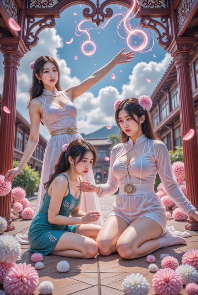 NSFW,masterpiece,(best quality:1.4),(8k,raw photo,photo realistic:1.2),best quality,high quality, masterpiece,detailed,high resolution,shiny skin,detailed skin,detailed face,detailed eyes,mutated hands and fingers,lightning body,(top-quality, masterpiece: 1.1), ,Naked Femele Japanese Two women's,nipple,navel,vagina,nude,smile face,summer,daytime,resort beach,blue sky,wrestling kick pose,black hair,smile face,