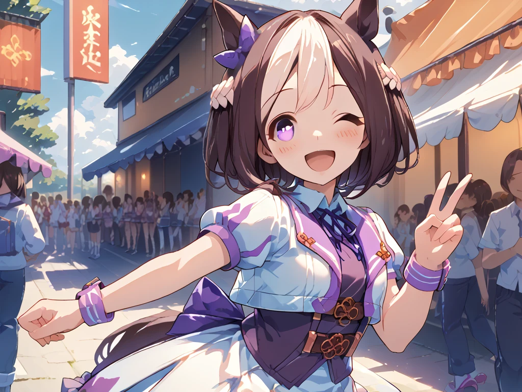 best quality, absurdres, masterpiece, 1人の女の子
special week \(Uma Musume\), 
ear bow, purple bow, puffy short sleeves, neck ribbon, blue ribbon, cropped jacket, white jacket, two-tone jacket, collared shirt, white shirt, purple vest, wristband, wrist cuffs, white skirt, pleated skirt, two-tone skirt, frilled skirt, frills,   zettai ryouiki, white thighhighs, white footwear, purple footwear, asymmetrical footwear, mismatched footwear, Durable sneakers, looking at viewer, wink, standing, making a peace sign, outside, in the festival, with a sun, in the afternoon, midday, happy, laughing, blush, tall, 30-year-old, adult, cute, beautiful, standing, upper body