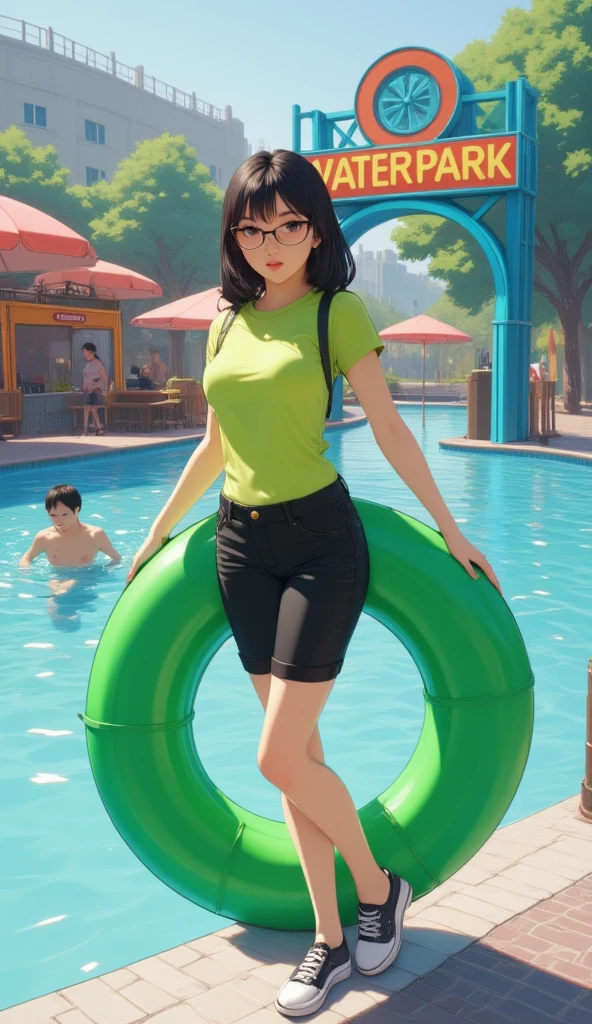 Beautiful Korean woman boddy semok wearing tight T-shirt in green color ,  short black jeans ,  Green glasses ,  holding a super large green round swimming tire by the pool, there is a person swimming ,  food vendor background ,  archway board with text  (QKAE WATERPARK )